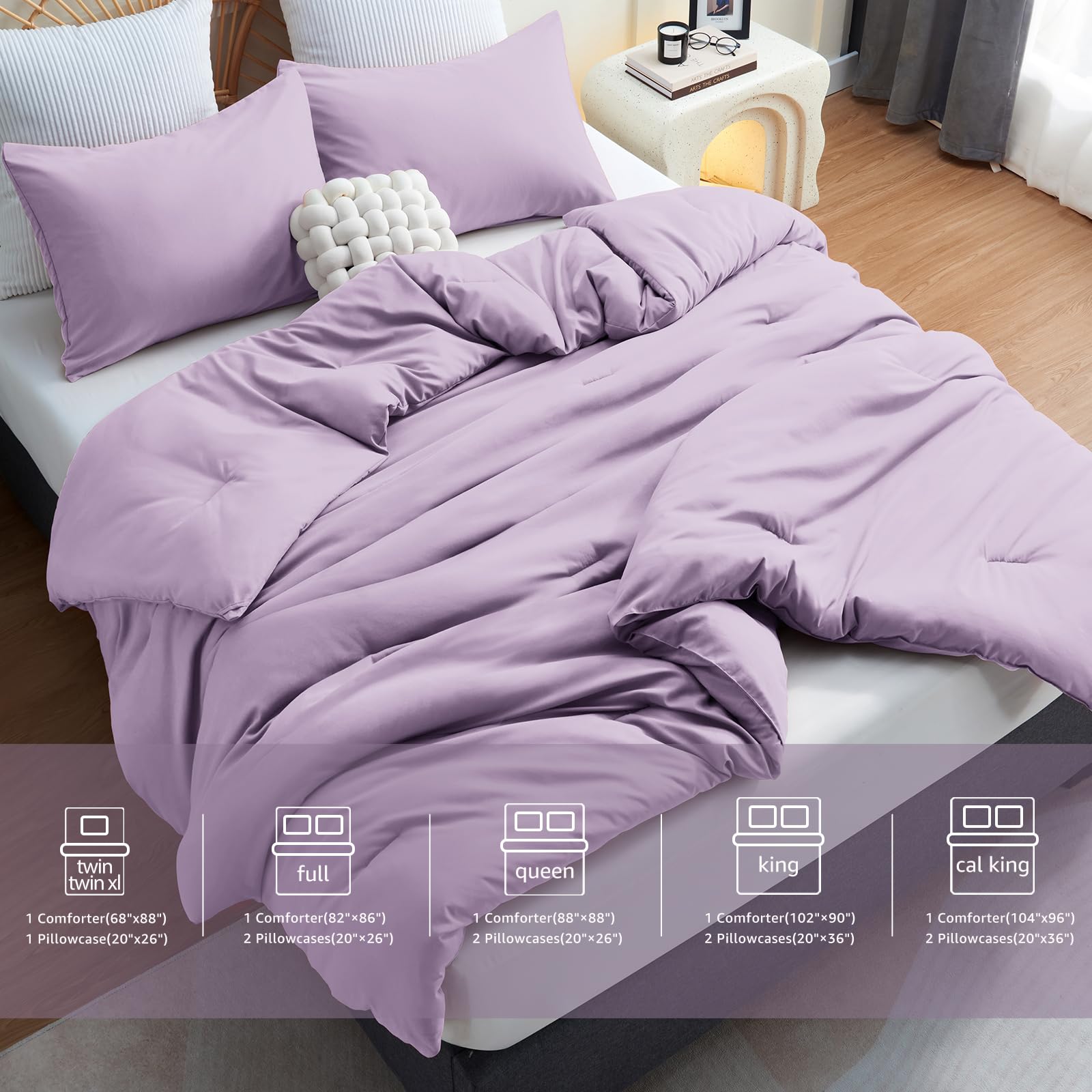 Cozylux Lavender Purple Comforter Set Full Size, 3 Pieces Solid Breathable Quilted Boho Style Bedding Sets, Luxury Fluffy Soft Microfiber Comforter For All Season(1 Comforter & 2 Pillowcases)