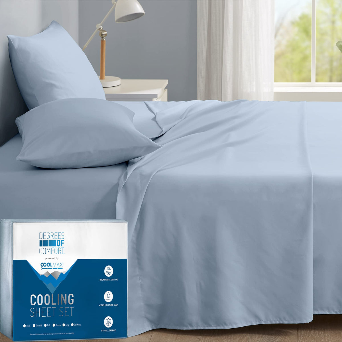 Degrees Of Comfort Coolmax Cooling Sheets | Queen Size Bed Sheet Set For Hot Sleepers | Soft Fabric With Deep Pocket 4Pc - Light