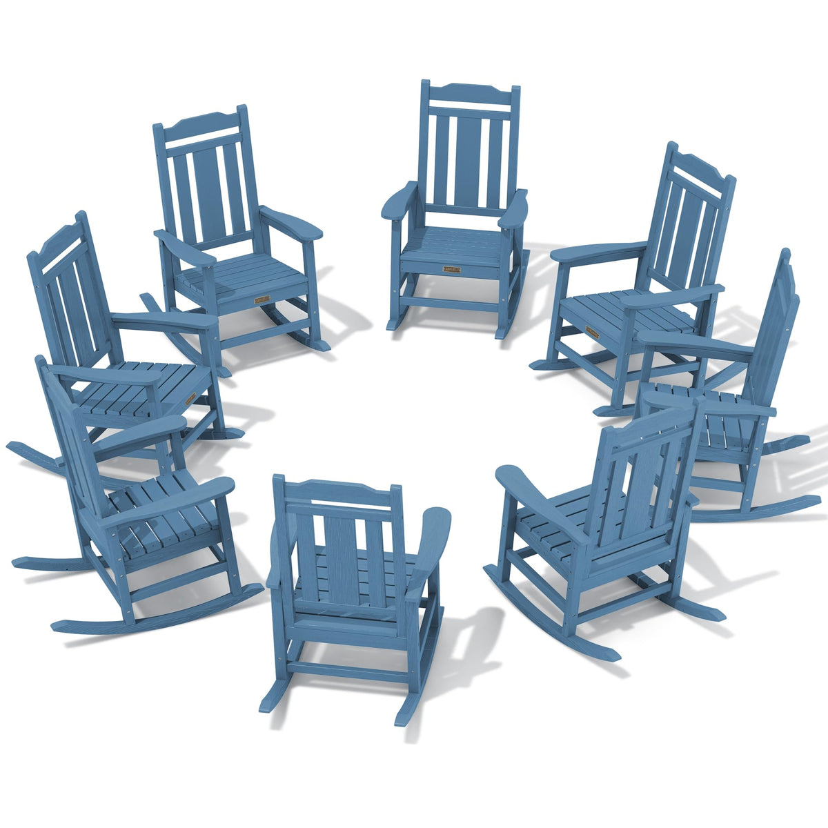 Serwall Outdoor Rocking Chair Blue Set Of 8, All Weather Patio Rocking Chair, Hdpe Poly Rocking Chair For Adults, Heavy Duty Front Porch Rocker
