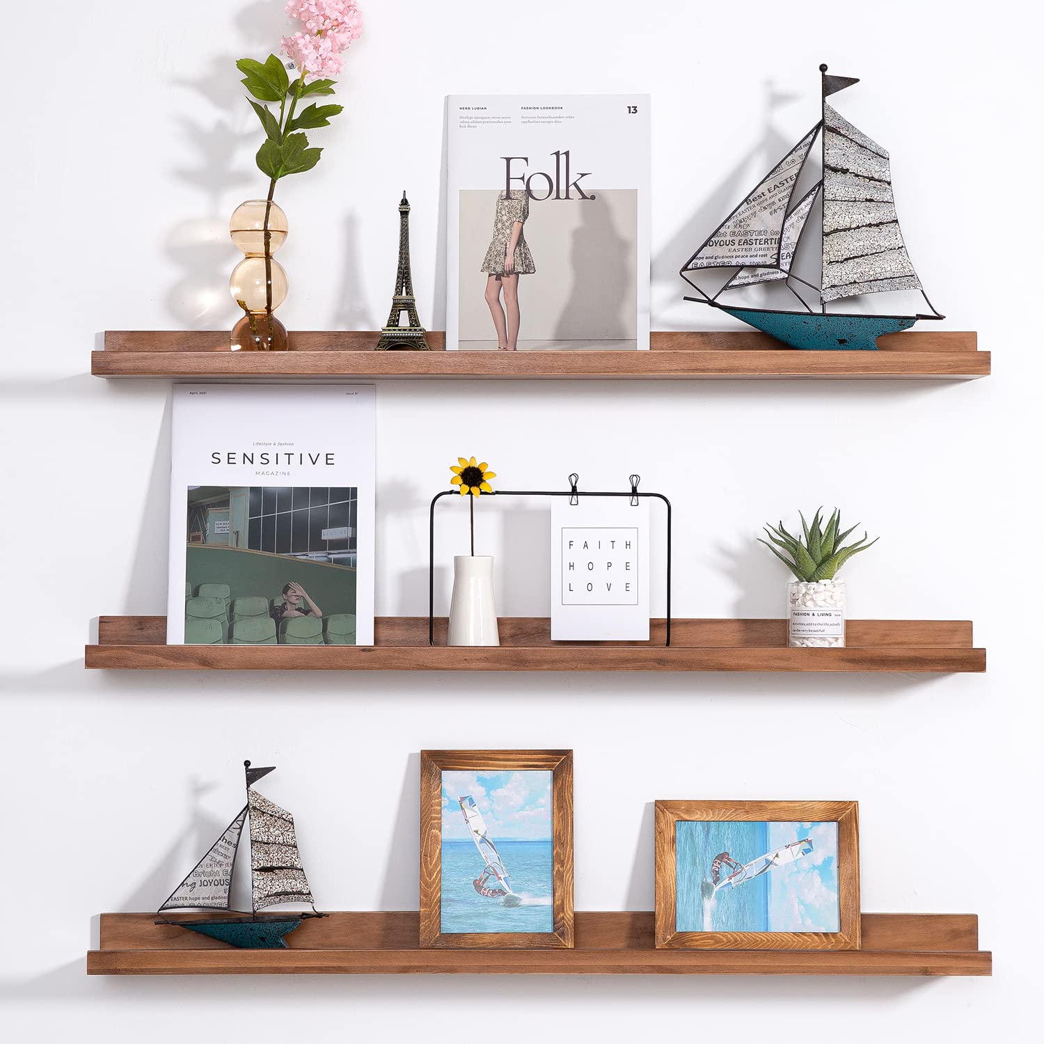 MBYD 48 Inch Wood Photo Picture Ledge Shelf, Light Walnut Wall Floating Nursery Book Shelves for Bedroom Office Bathroom Living 