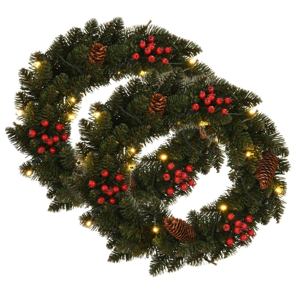 vidaXL PVC Christmas Wreaths, 1ft Green Festive Decoration, LED Illuminated with Pine Cones and Berries, Set of 2 - Disassemblable for Easy Storage