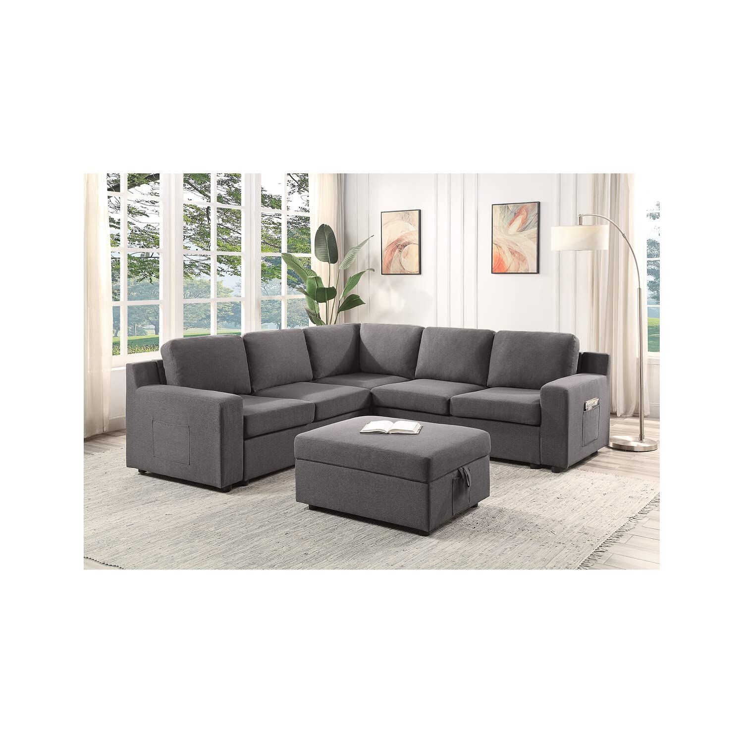 Lilola Home Waylon Gray Linen 6-Seater L-Shape Sectional Sofa