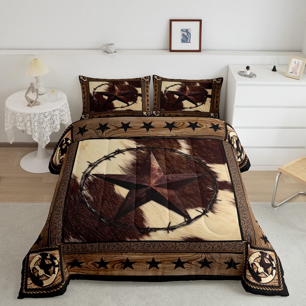 Western Stars Comforter Set Full Size,Cow Fur Texture Print Bedding Set 3Pcs For Kids Teens Adults Room Decor,Old Wooden Board V