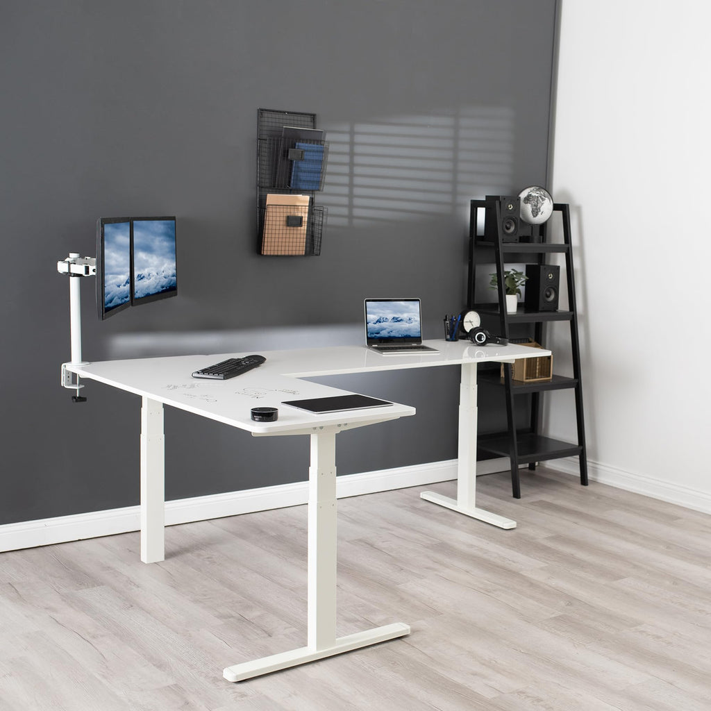 Vivo Electric Height Adjustable 83 X 60 Inch Corner Stand Up Desk, 2 White Dry Erase Solid Table Tops, White Frame, Memory Controller, L-Shaped Workstation, 3E Series, Desk-Kit-3E8We
