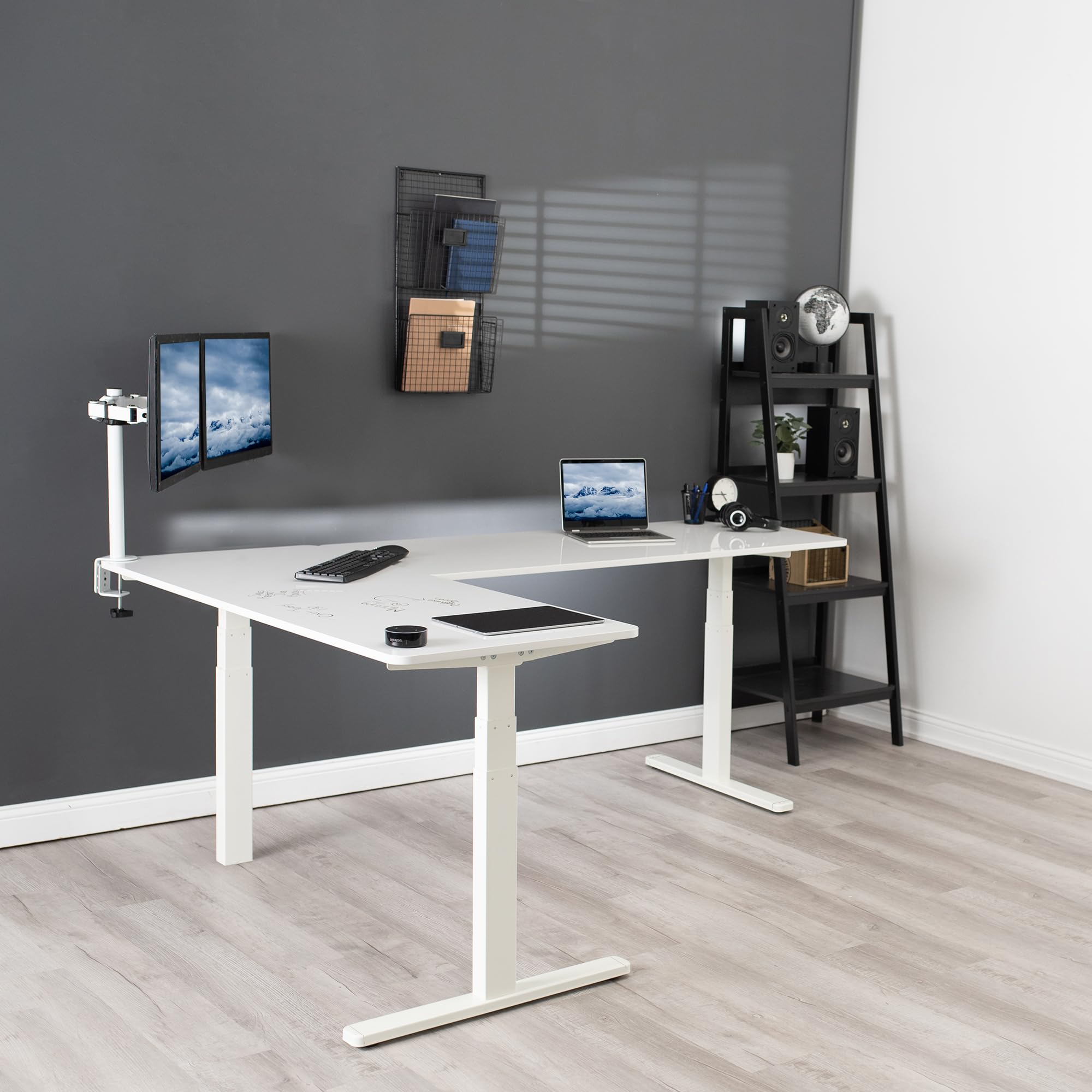 Vivo Electric Height Adjustable 83 X 60 Inch Corner Stand Up Desk, 2 White Dry Erase Solid Table Tops, White Frame, Memory Controller, L-Shaped Workstation, 3E Series, Desk-Kit-3E8We
