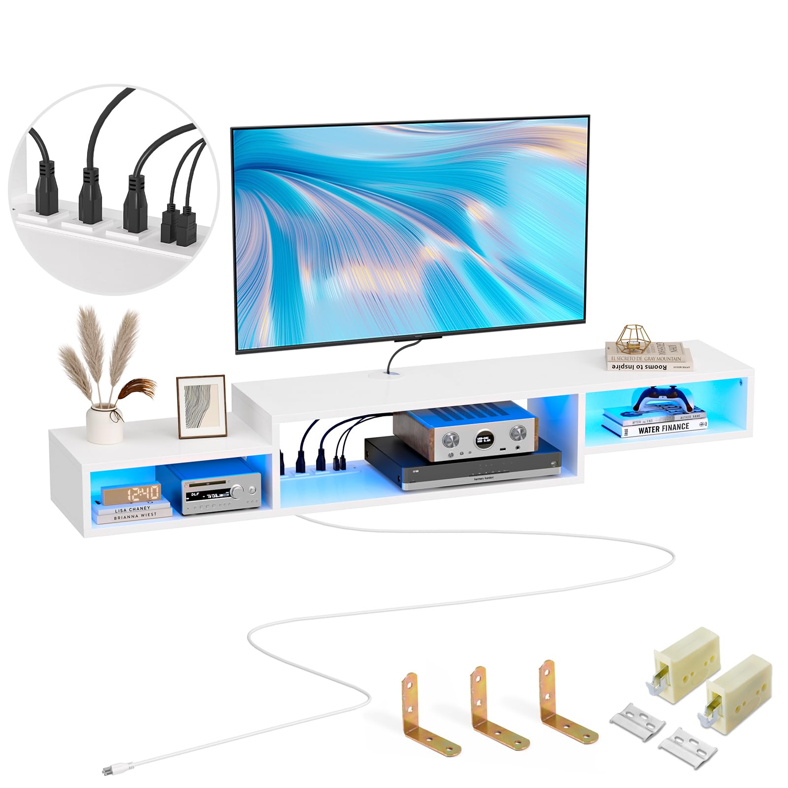 Fabato 59'' Floating Tv Stand With Led Light Power Outlet, Floating Shelf For Under Tv Wall Mount With Storage Shelf, Media Console Entertainment Center For Living Room, White