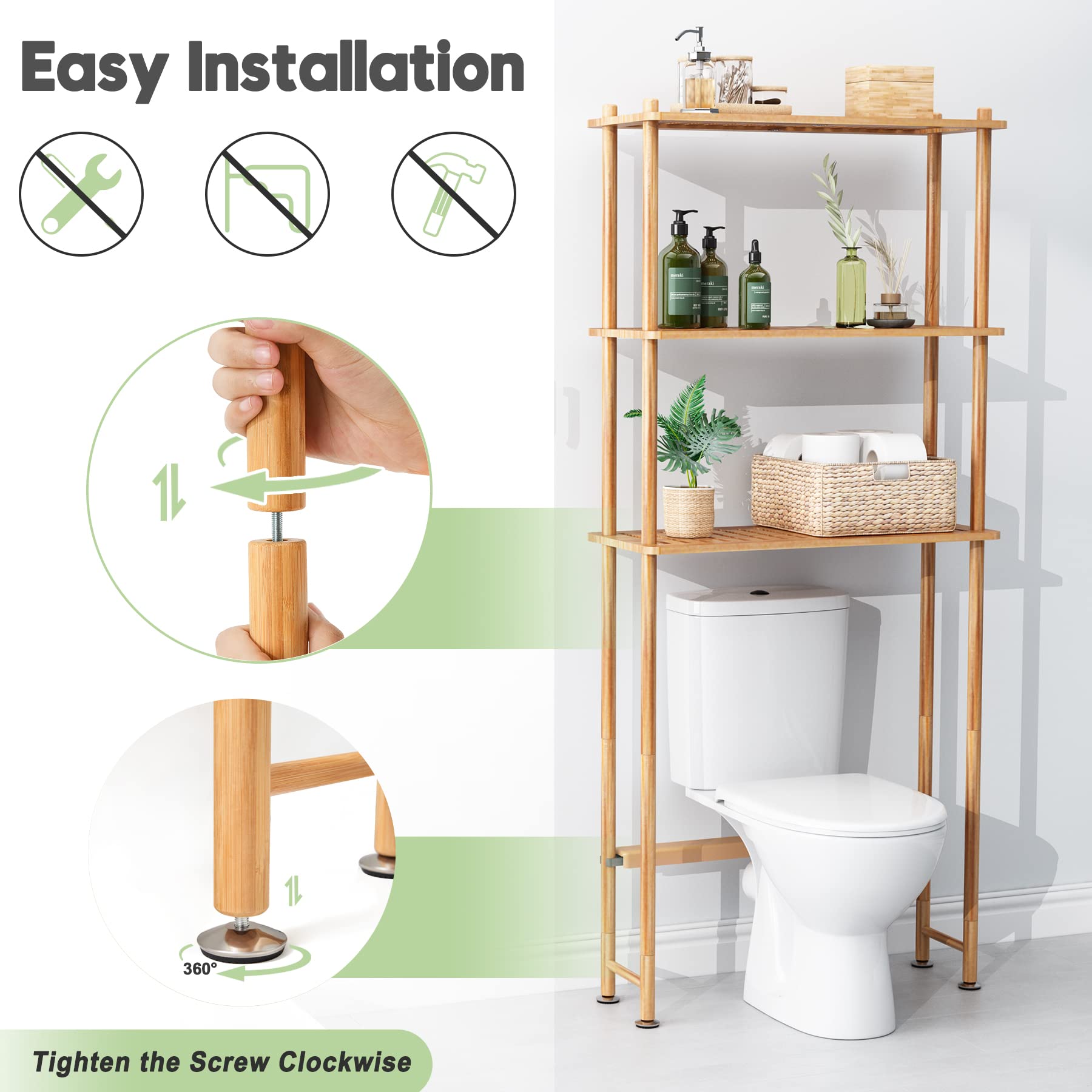 Amazerbath Over The Toilet Storage Shelf Bamboo, 3-Tier Over Toilet Organizer Rack, Freestanding Above Toilet Shelf For Bathroom, Laundry, Space Saver, Natural Color
