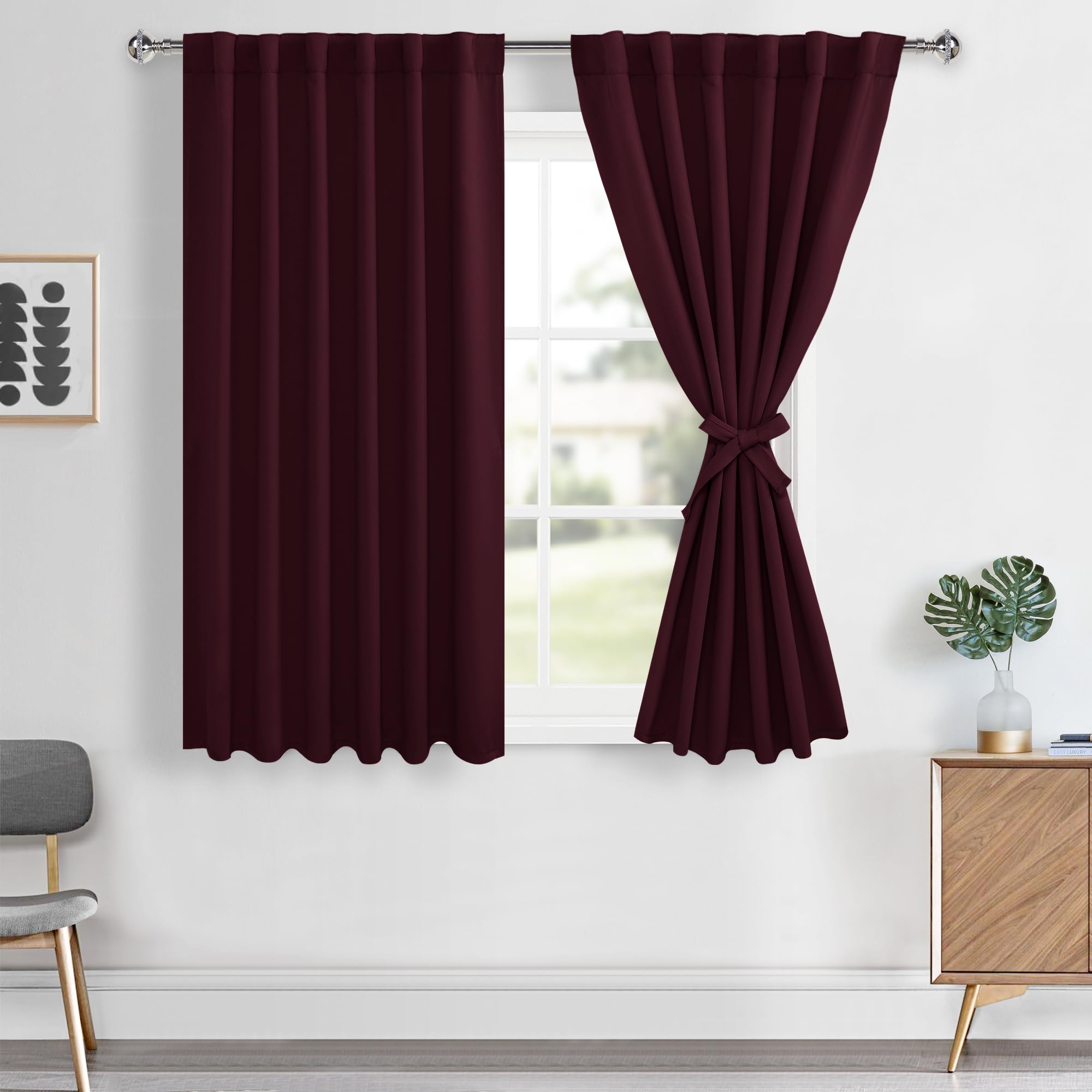 Hiasan Burgundy Red Blackout Curtains 54 inch Long, Light Blocking Thermal Insulated Rod Pocket & Back Tab Christmas Drapes Sewn