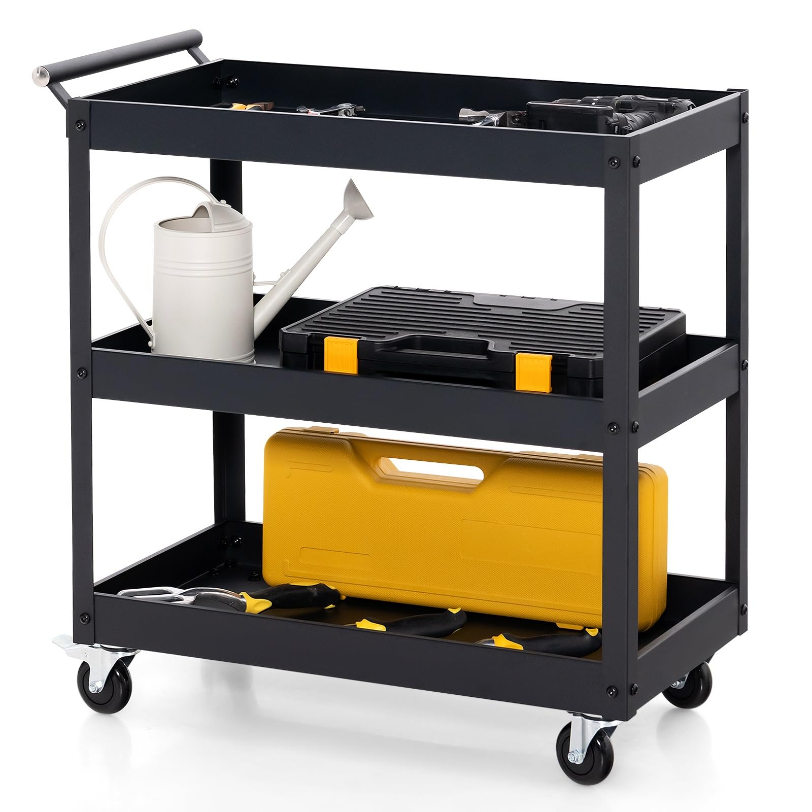 Goplus 3-Tier Utility Cart, Heavy Duty Commercial Service Tool Cart W/Lockable Wheels, 330Lbs Load Capacity, Ergonomic Handle, Rolling Mechanic Tool Cart Storage Organizer For Warehouse Garage Black