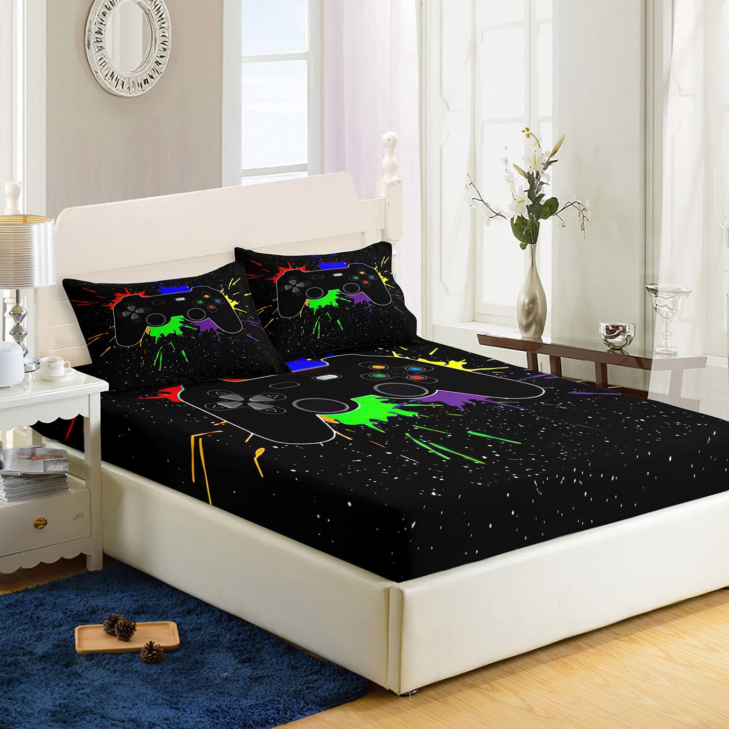 AILONEN Gamer Fitted Sheet Twin Size,Gaming Bedsheets Set,Gamepad Bed Sheet Set for Boys,Boys Video Games Bedding Set,1 Fitted S