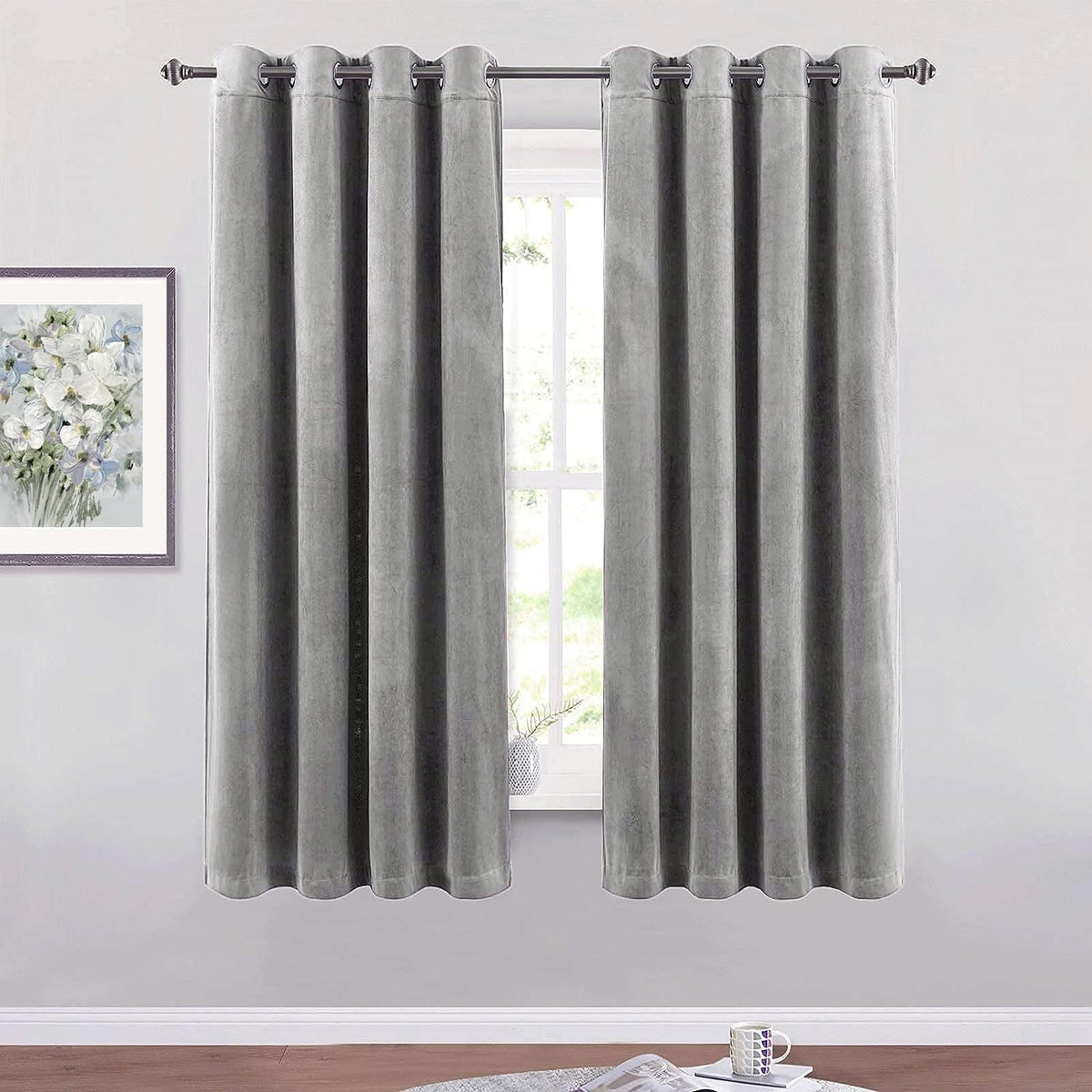 SMILETIME Grey 63 in Long Velvet Curtains with Grommet, Thermal Insulated Super Soft Privacy Noise Reducing Light Blocking Velve