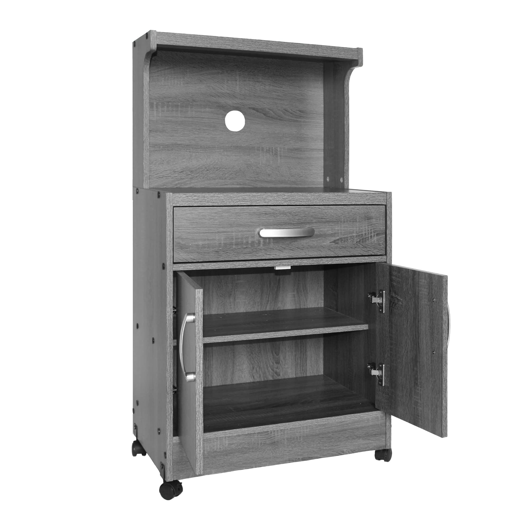 Shelby Kitchen Wooden Microwave Cart with One Drawer and Two Doors. Rolling Kitchen Cart (Grey), Easy Assembly.