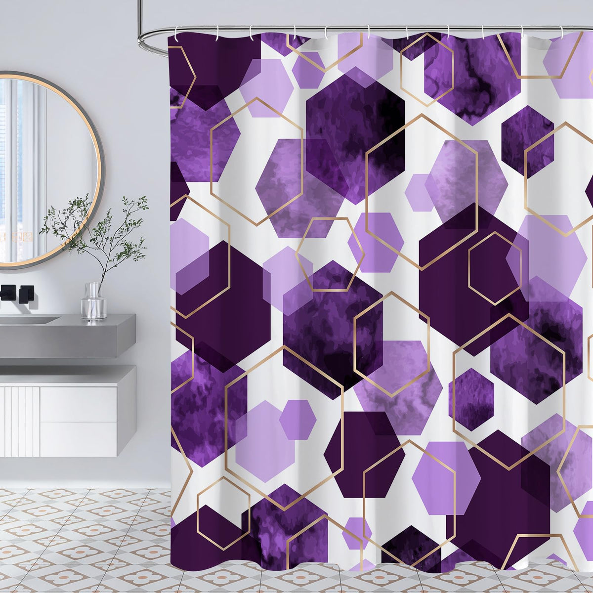 Litabel Purple Modern Shower Curtain For Bathroom, Geometric Art Decor Waterproof Bath Curtain, Abstract Fabric Shower Curtain S