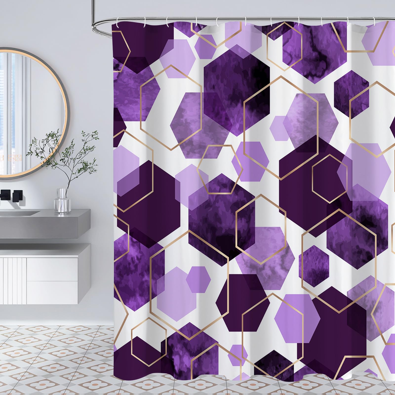 Litabel Purple Modern Shower Curtain For Bathroom, Geometric Art Decor Waterproof Bath Curtain, Abstract Fabric Shower Curtain S