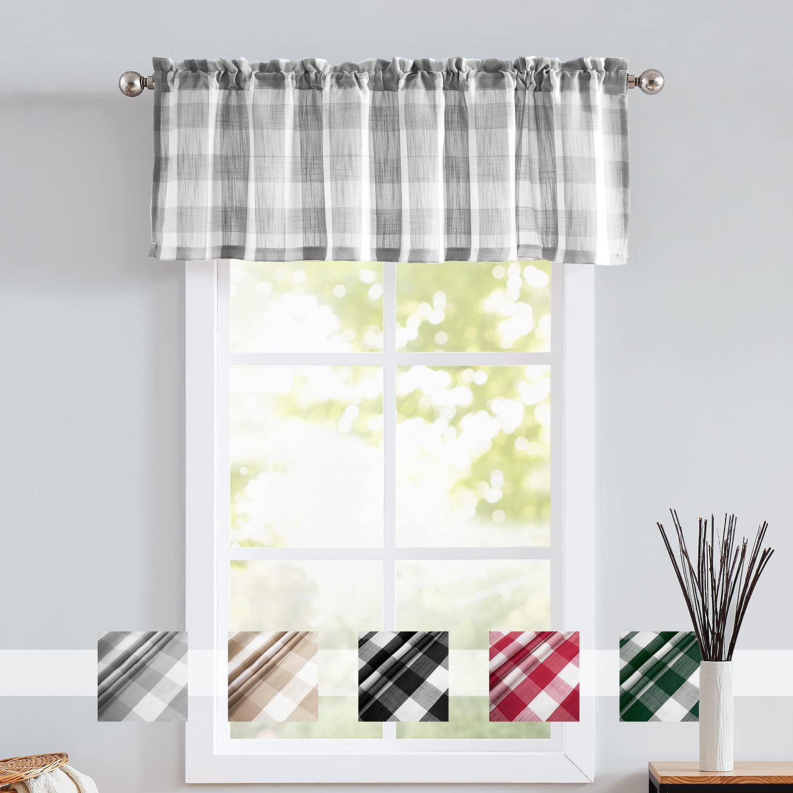 Treatmentex Grey White Buffalo Check Valance Curtains For Kitchen Window Top Plaid Farmhouse Valances For Living Room Bedroom 52