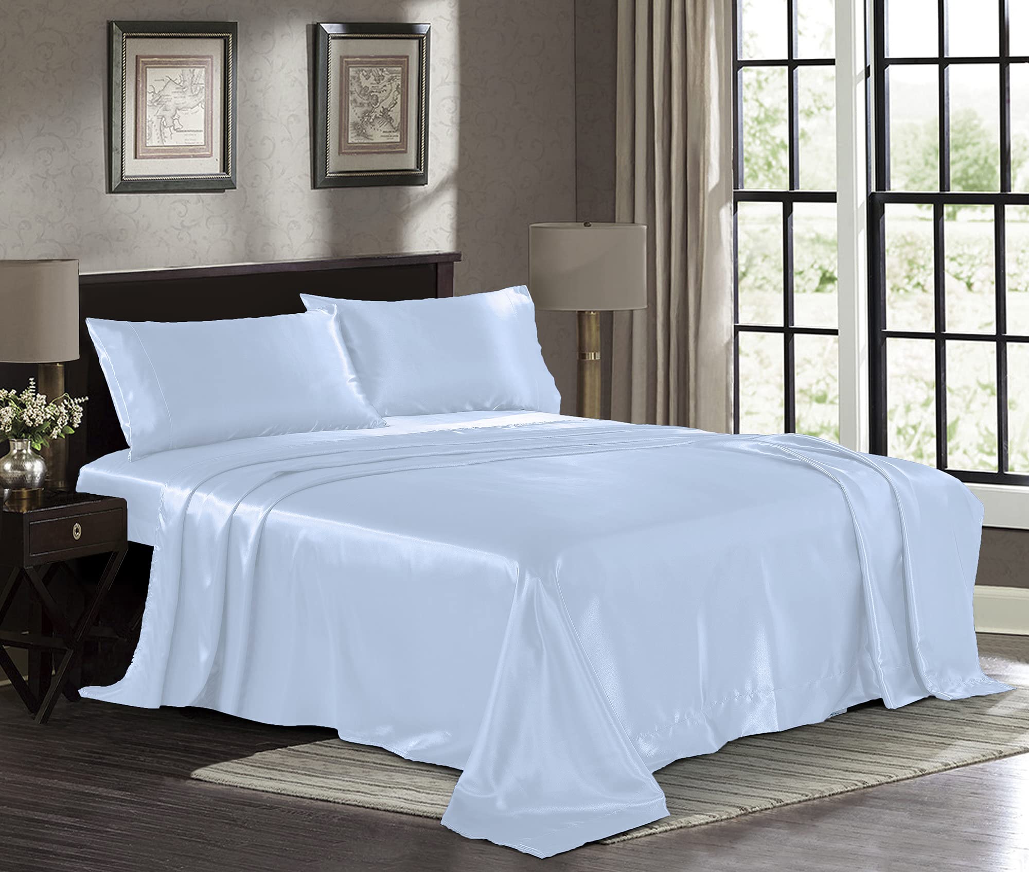 Satin Sheets Full [4-Piece, Baby Blue] Hotel Luxury Silky Bed Sheets - Extra Soft 1800 Microfiber Sheet Set, Wrinkle, Fade, Stai