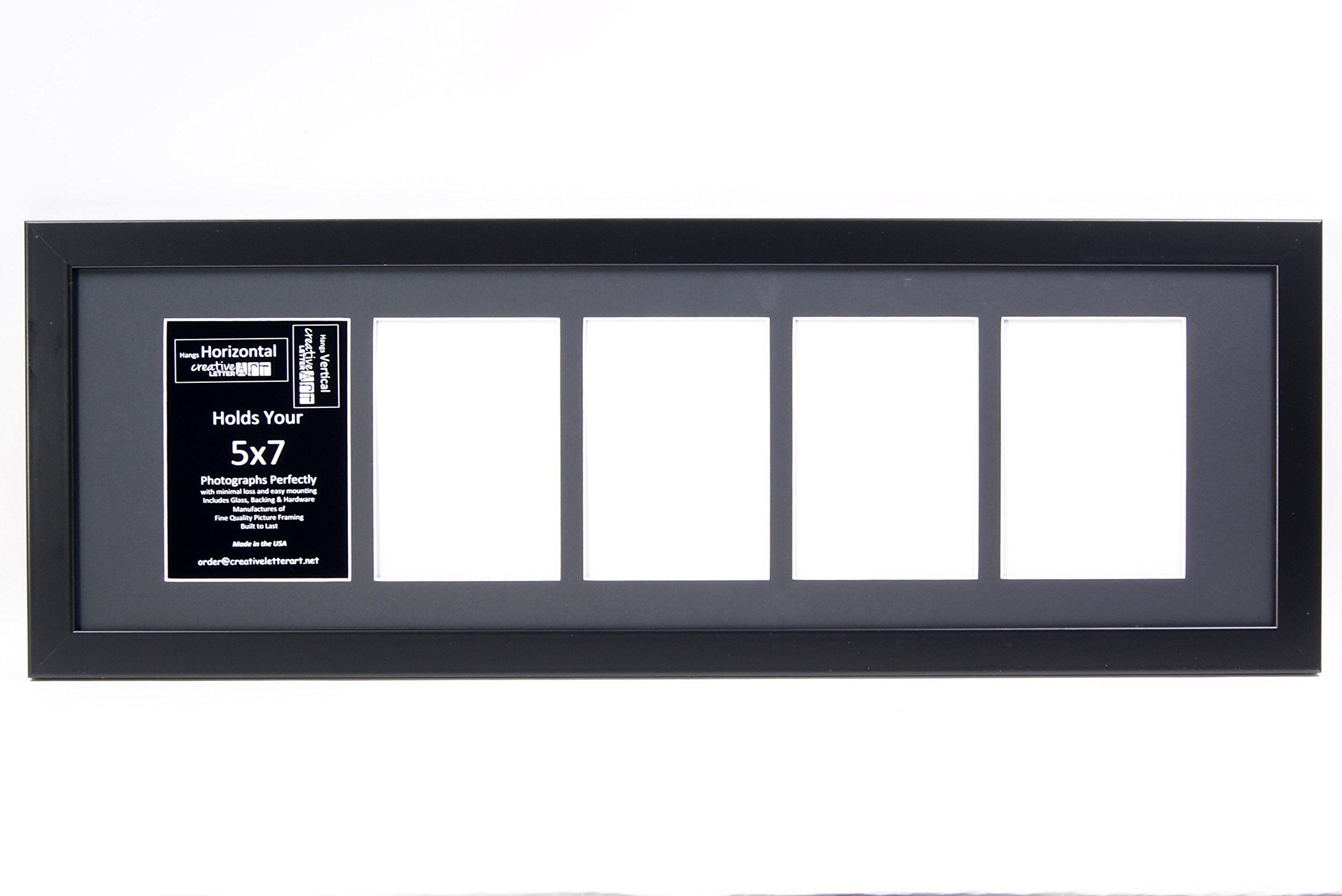 Creative Letter Art - 5 Opening 5x7 Black Picture Frame with 10x32-inch Black Mat Collage including Full Strength Glass, Alphabe