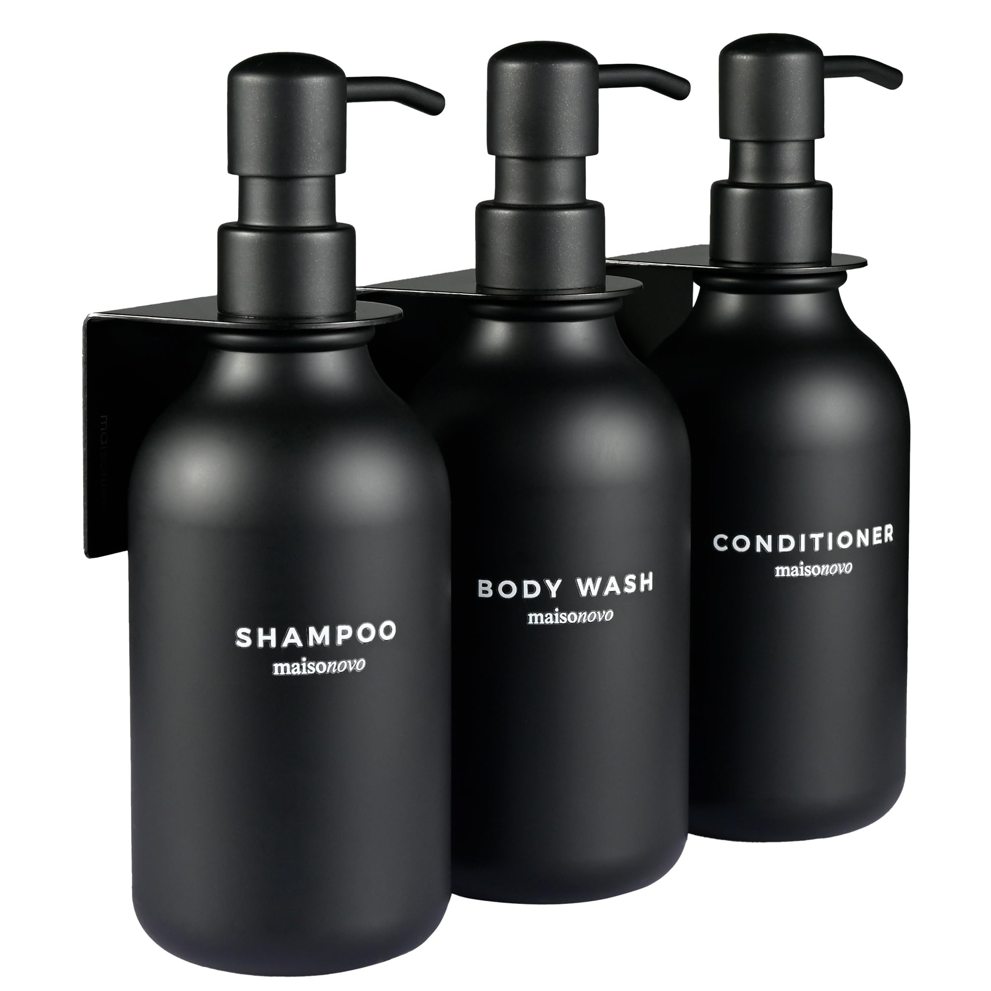 MaisoNovo Shampoo and Conditioner Dispenser | 3 Plastic Black 3 Wall Mount Black | Shampoo Dispenser with Labels | Shower Bottle