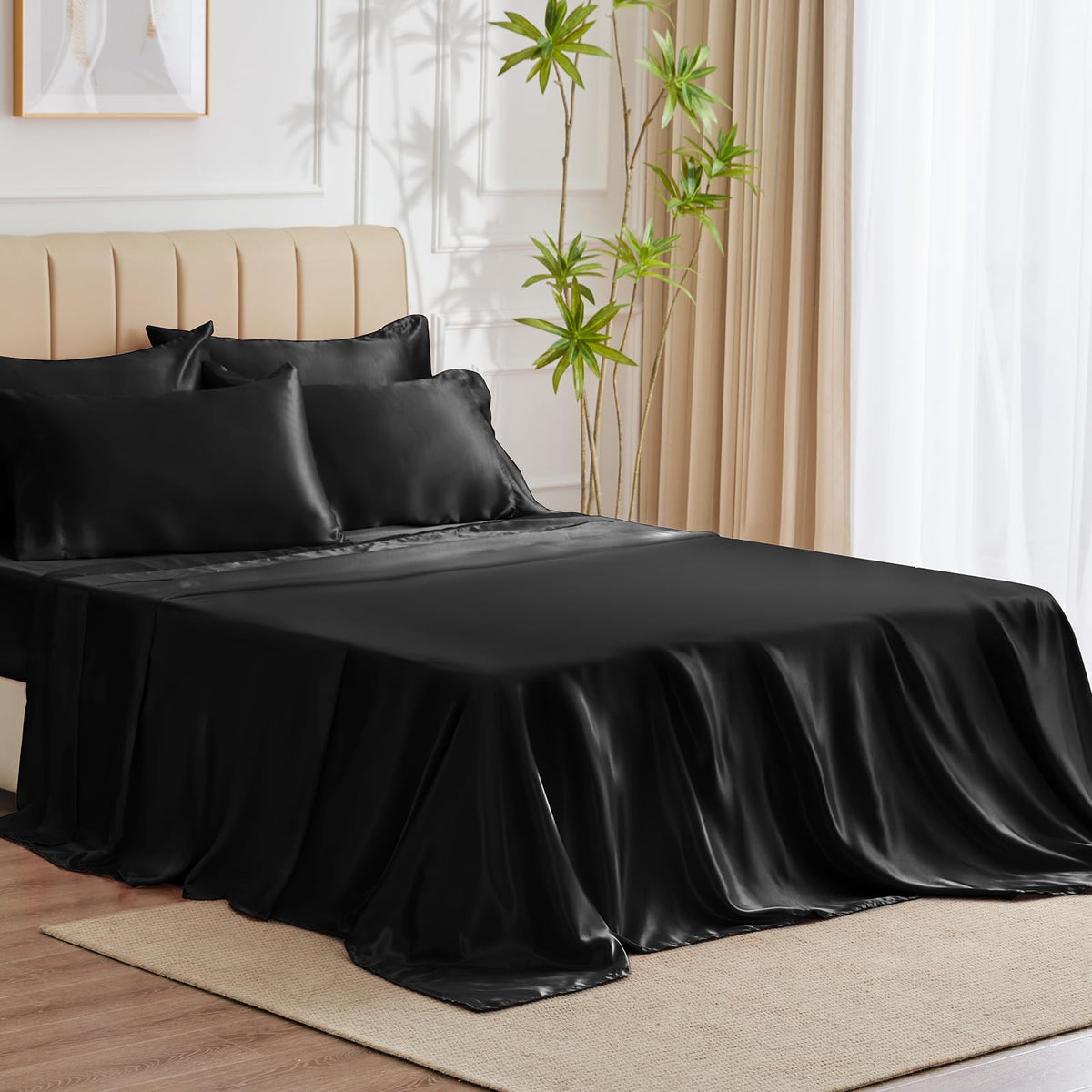 Cozylux Satin Sheets Full Size - 6 Piece Black Bed Sheet Set With Silky Microfiber, 1 Deep Pocket Fitted Sheet, 1 Flat Sheet, An