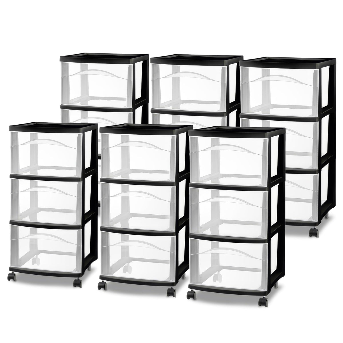 Sterilite 6 Pack 3 Drawer Storage Cart, Plastic Medium Organizer with Wheels, Black  Multipurpose Bin for Crafts, Accessories, 