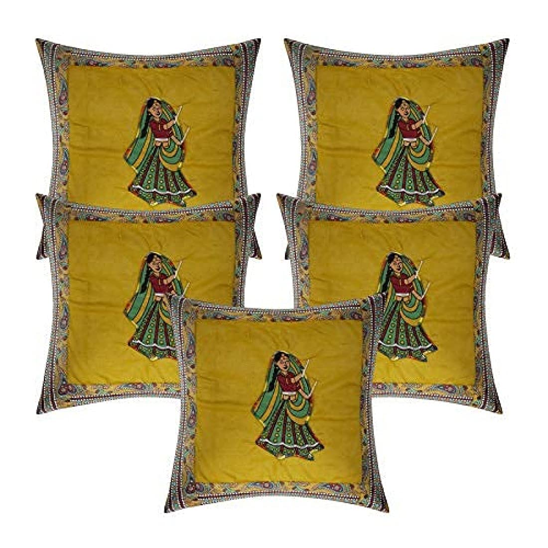 CasaNest Cotton Cushion Cover, Traditional Style Set Of 5 Pcs, Size:16X16 Inch, Cushion For Sofa/Room, Colour: Yellow 11
