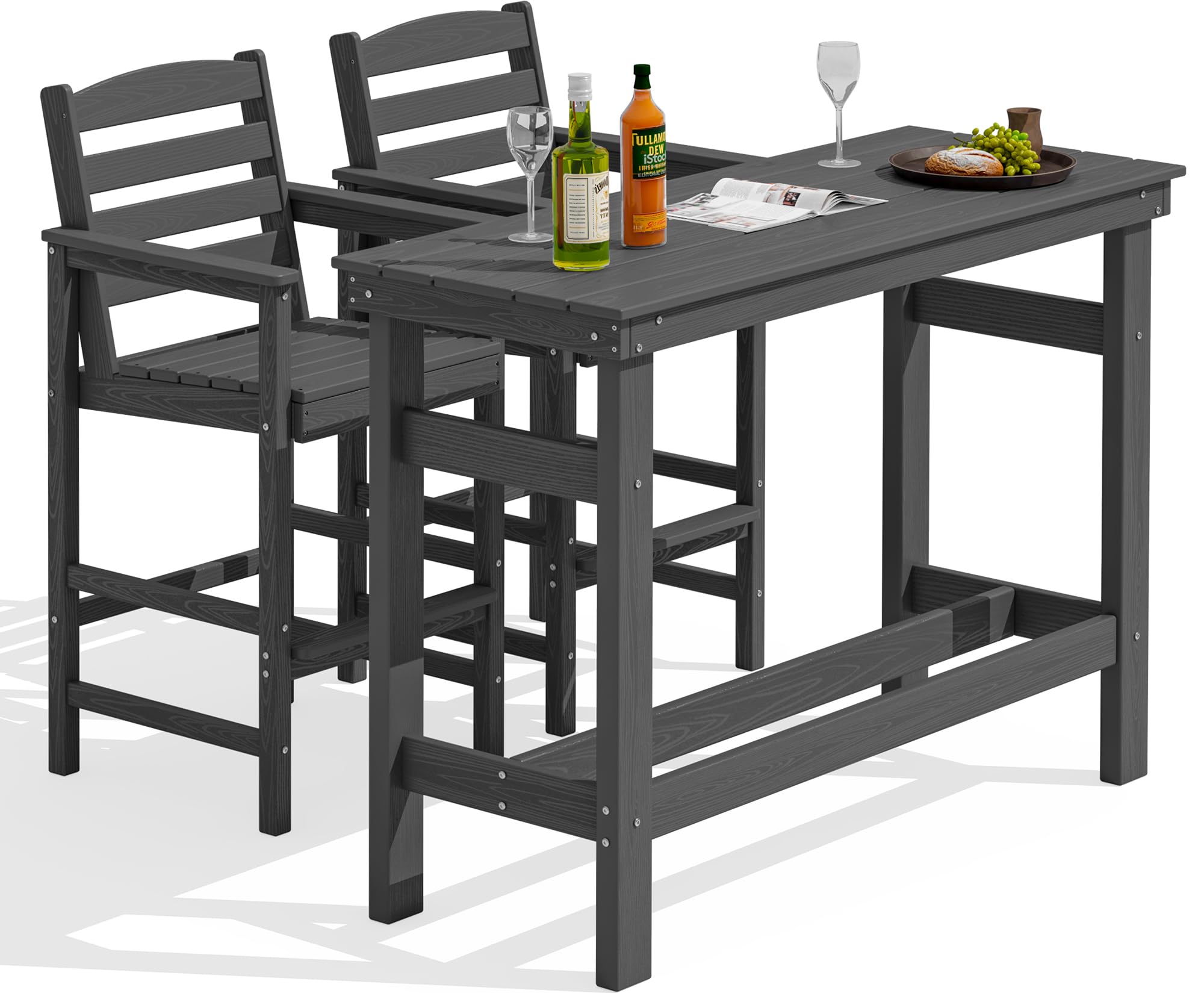 SERWALL Outdoor Bar Set - 2 Adirondack Bar Chairs & Bar Height Table with 1.6 Umbrella Hole, All-Weather HDPE Patio Furniture fo