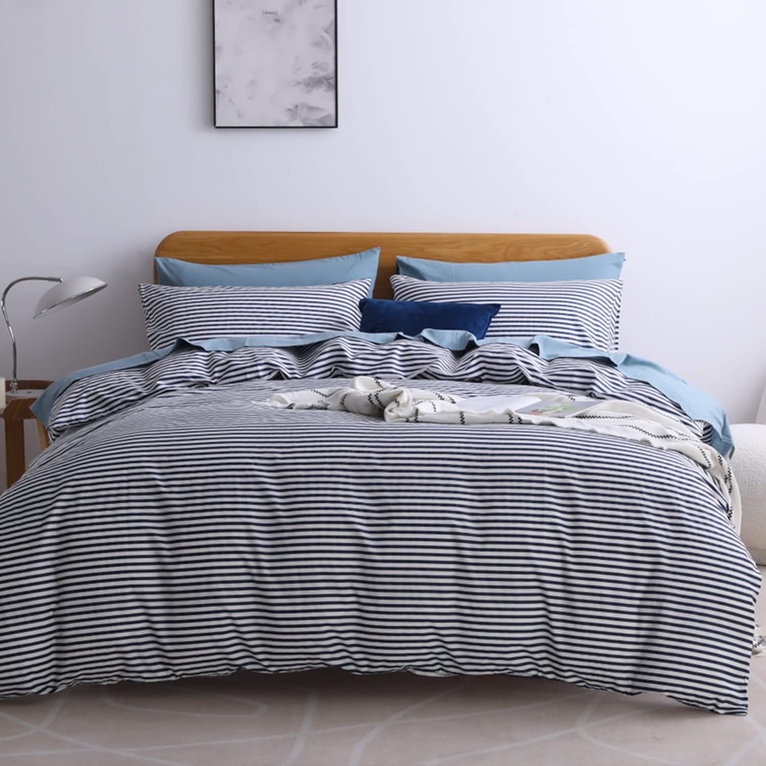 Jellymoni 100% Natural Cotton 2Pcs Striped Duvet Cover Sets,White Duvet Cover With Navy Blue Stripes Pattern Printed Comforter C