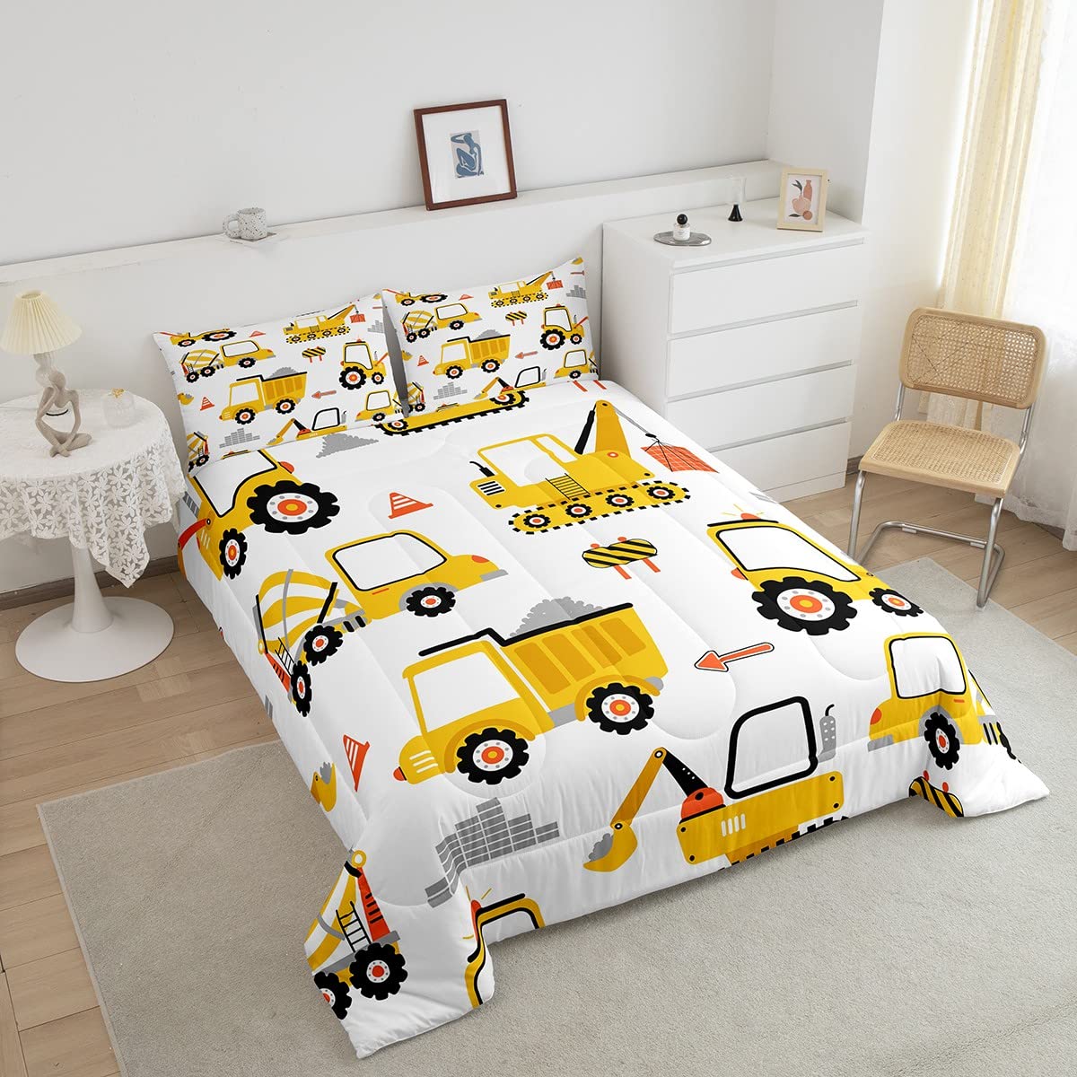 Feelyou Cartoon Car Comforter Set Kids Construction Comforter For Boys Equipment Trucks Bedding Set Breathable Cartoon Yellow Ca