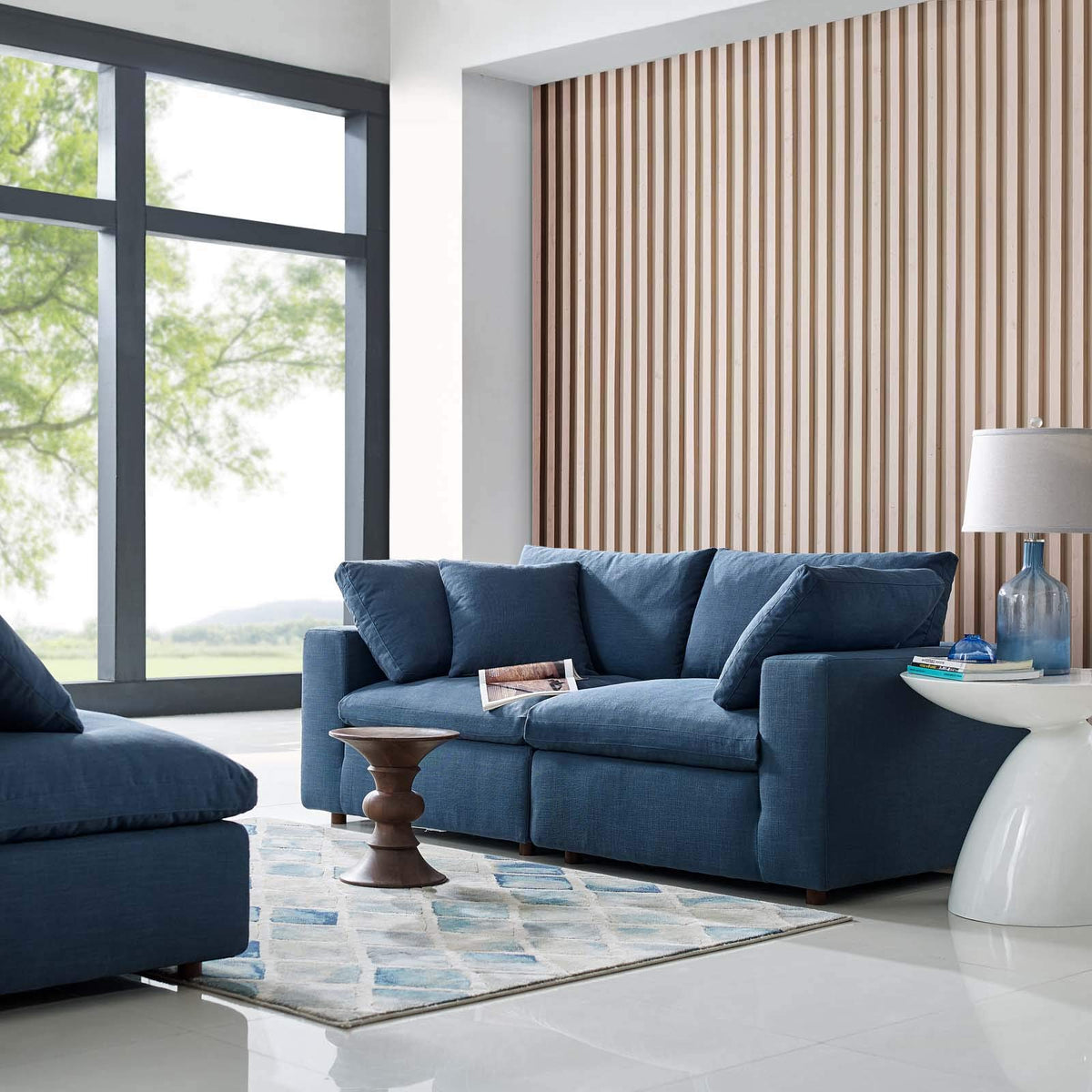 Modway Commix Down Down Filled Overstuffed 2 Piece Sectional Sofa Set, Two Corner Chairs, Azure