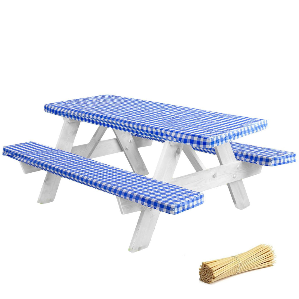 Linpro Premium Picnic Table Cover With Bench Covers Vinyl Fitted Picnic Table Covers With Elastic Rv Camping Accessories And Camper Must Haves Waterproof (Blue Gingham, 72 X 30 (6Ft)) (Cln 6X2 Vinyl)