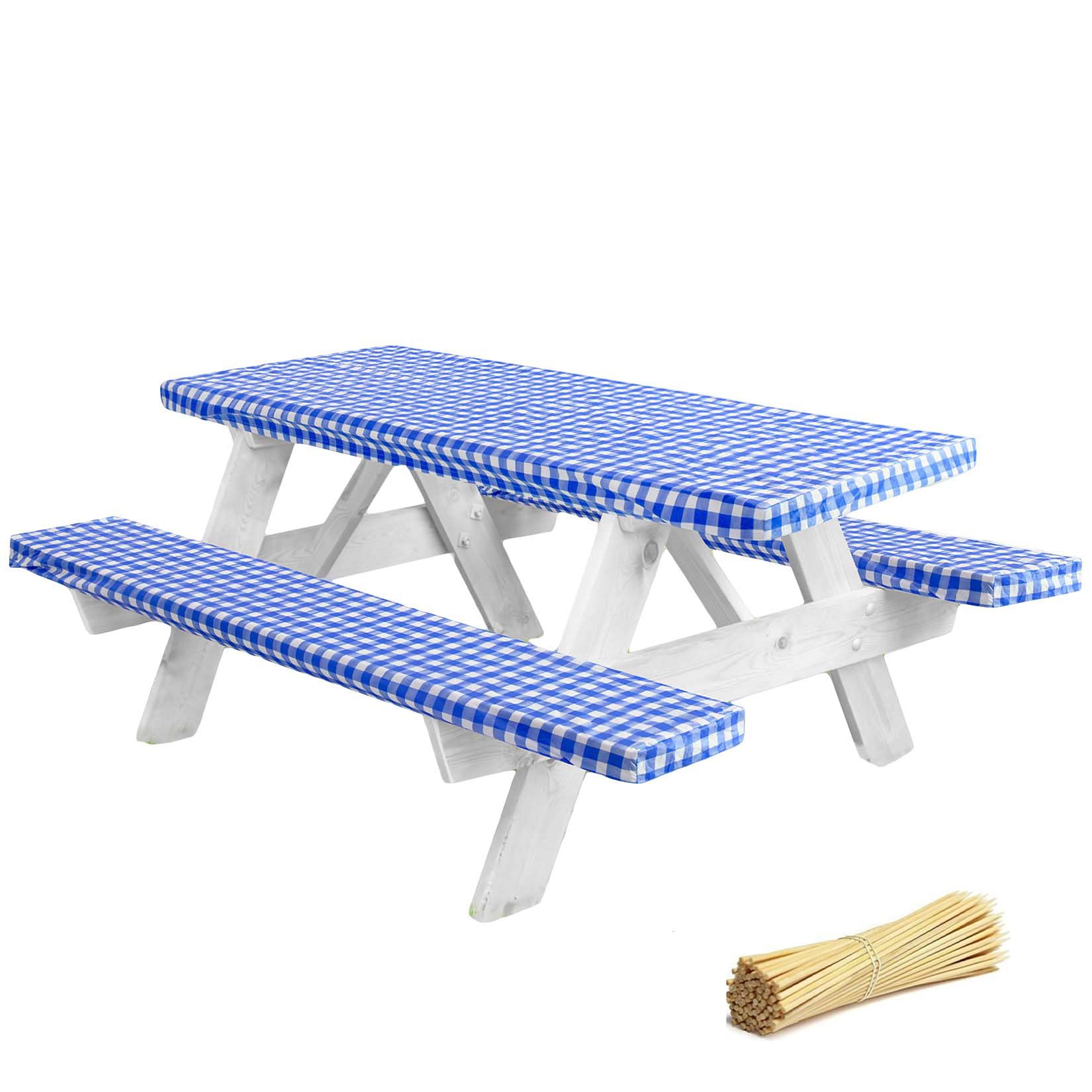 Linpro Premium Picnic Table Cover With Bench Covers Vinyl Fitted Picnic Table Covers With Elastic Rv Camping Accessories And Camper Must Haves Waterproof (Blue Gingham, 72 X 30 (6Ft)) (Cln 6X2 Vinyl)