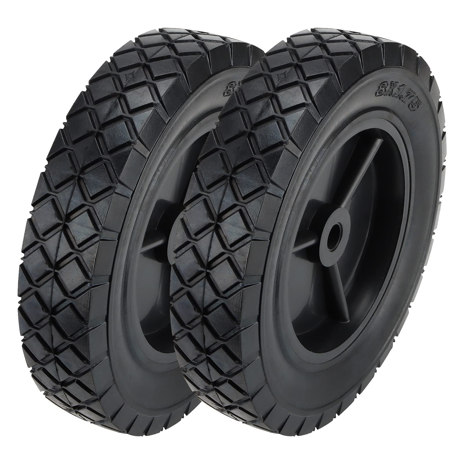Mouyat 2 Pack 8 X 1.75 Inch Solid Hand Truck Wheel, 1/2 Inch Axle Heavy Duty Universal Lawn Mower Wheels, Replacement Tires For