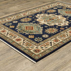 HomeRoots 509239 10 x 13 ft. Navy Charcoal Orange Rust Gold Pale Blue Olive Beige & Salmon Oriental Power Loom Stain Resistant Rectangle Area Rug with Fringe