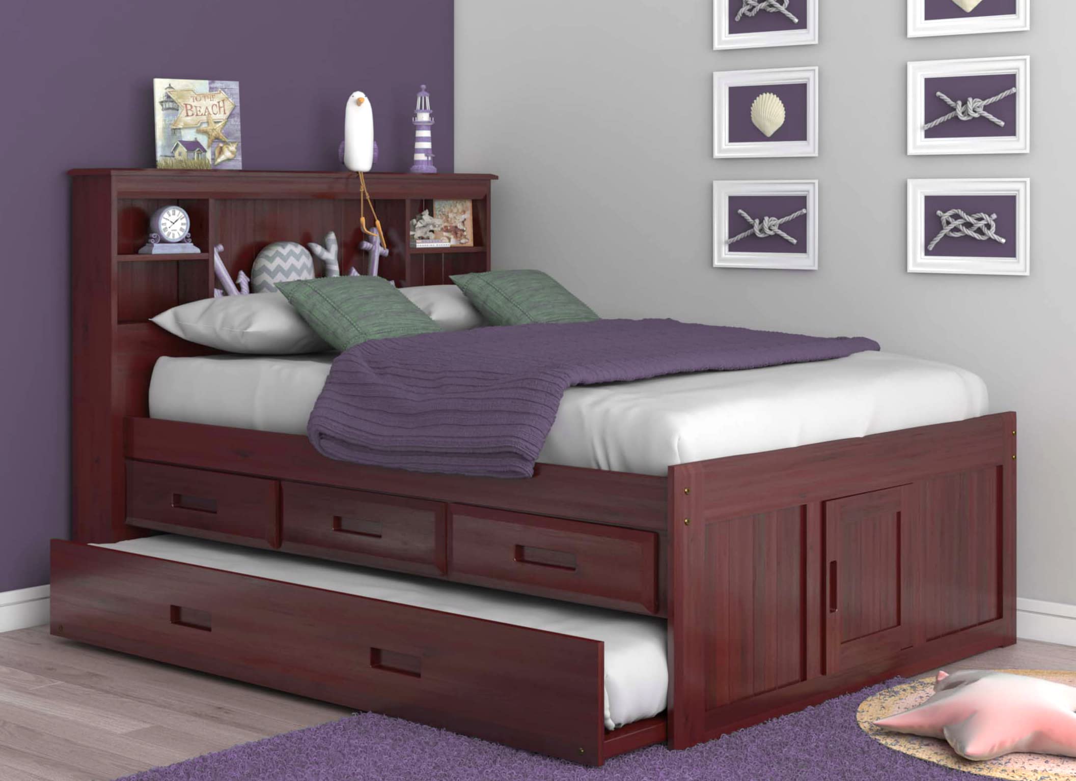 OS Home and Office Furniture Model 82821K3-22 Solid Pine Full Captains Bookcase Bed with 3 Drawers and a Twin Sized Trundle in Rich Merlot