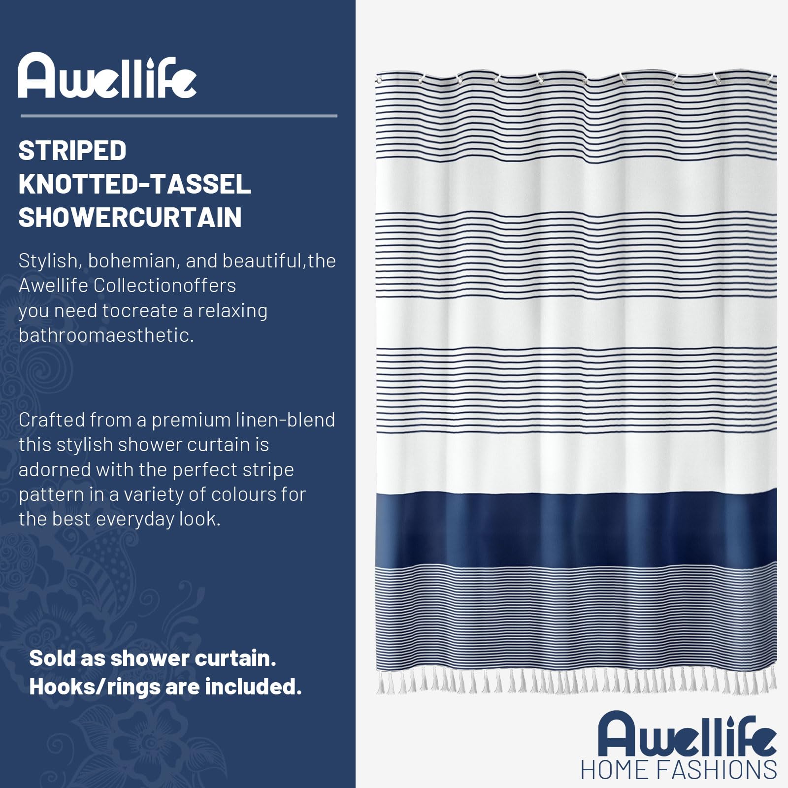 Awellife Navy Blue Shower Curtain For Bathroom Stripe Tassel Shower Curtain 72 X 78 Inches Farmhouse Linen Long