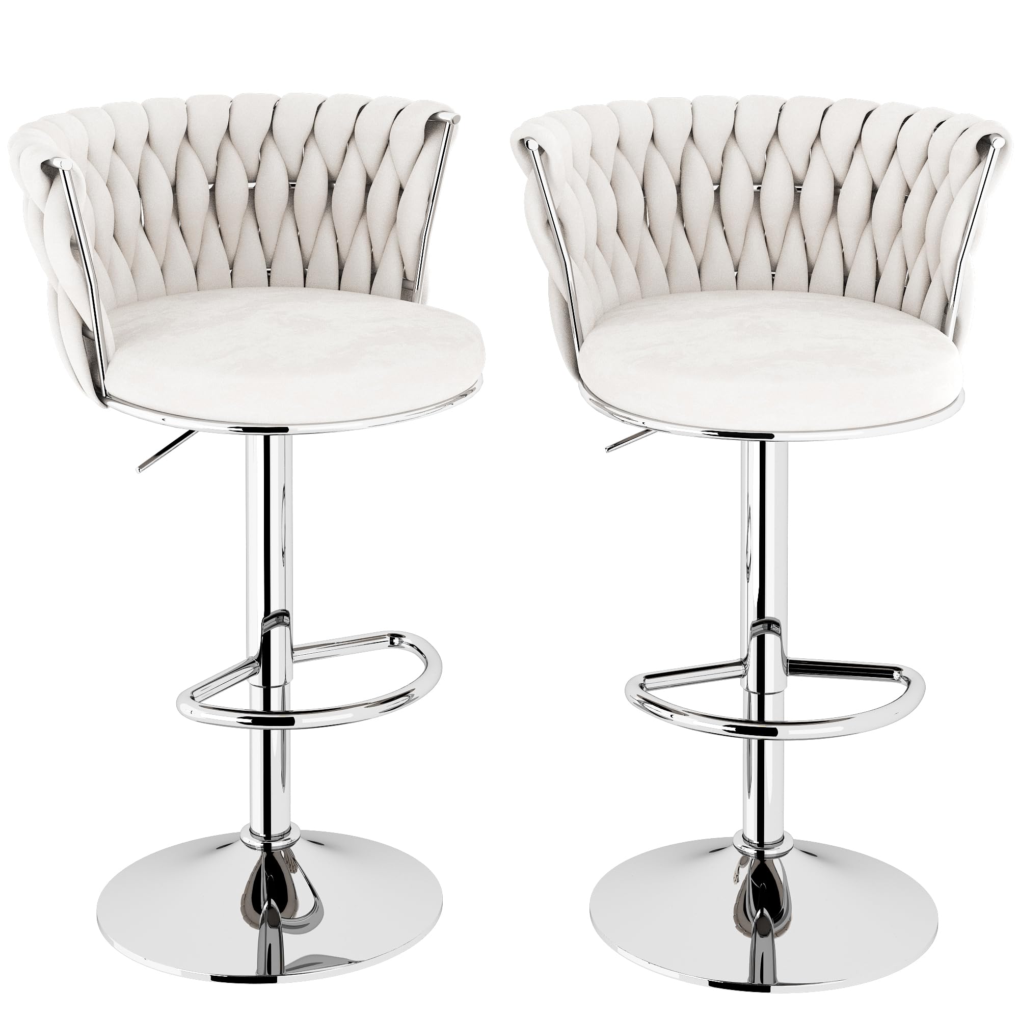 Lamerge Velvet Bar Stools Set of 2, Modern Swivel Bar Chairs with Adjustable Height, Upholstered Kitchen Island Chairs, Beige