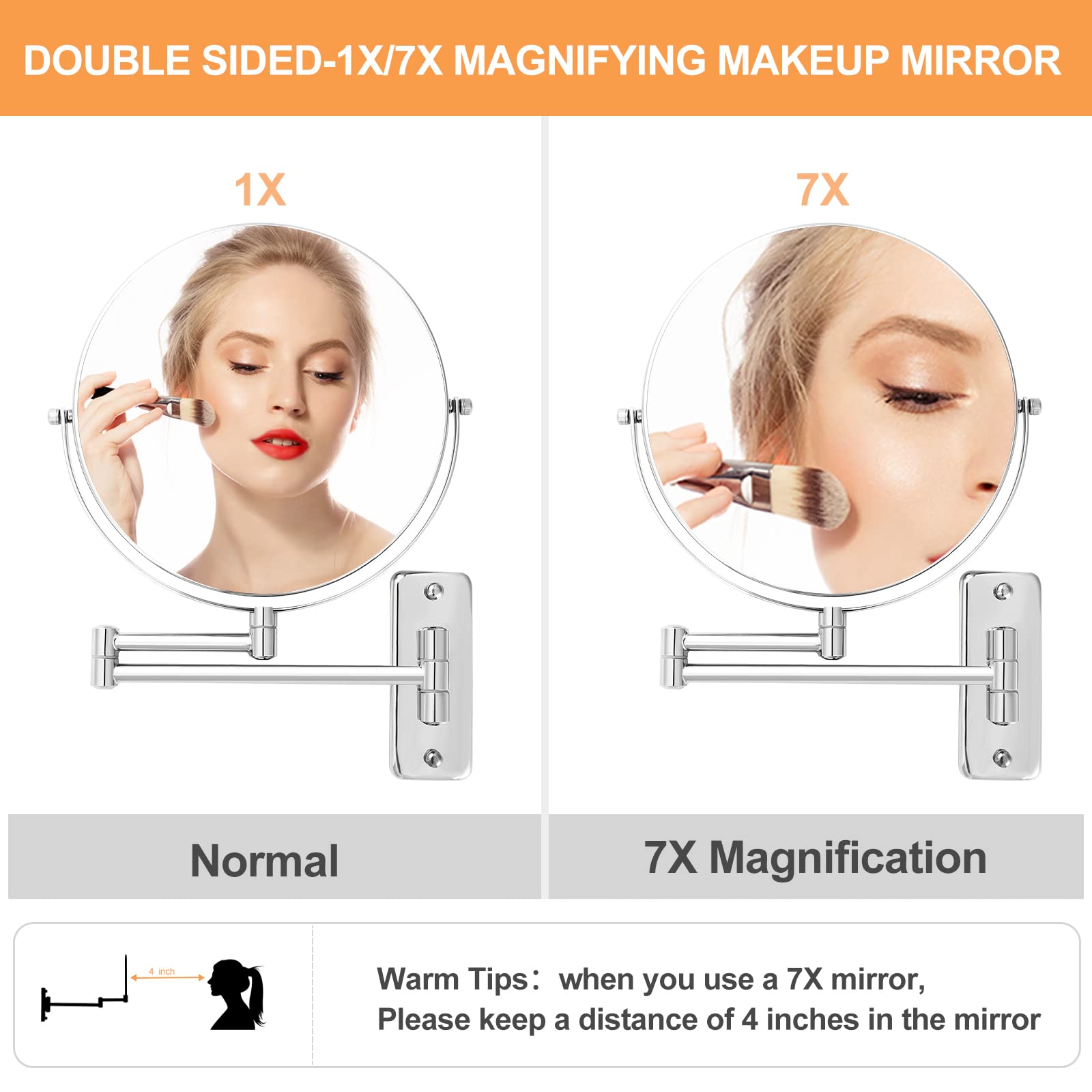 Ffowcye 9' Magnifying Wall Mounted Makeup Mirror, 1X/7X Double-Sided Bathroom Vanity Mirror, Swivel Extendable Shaving Mirror,