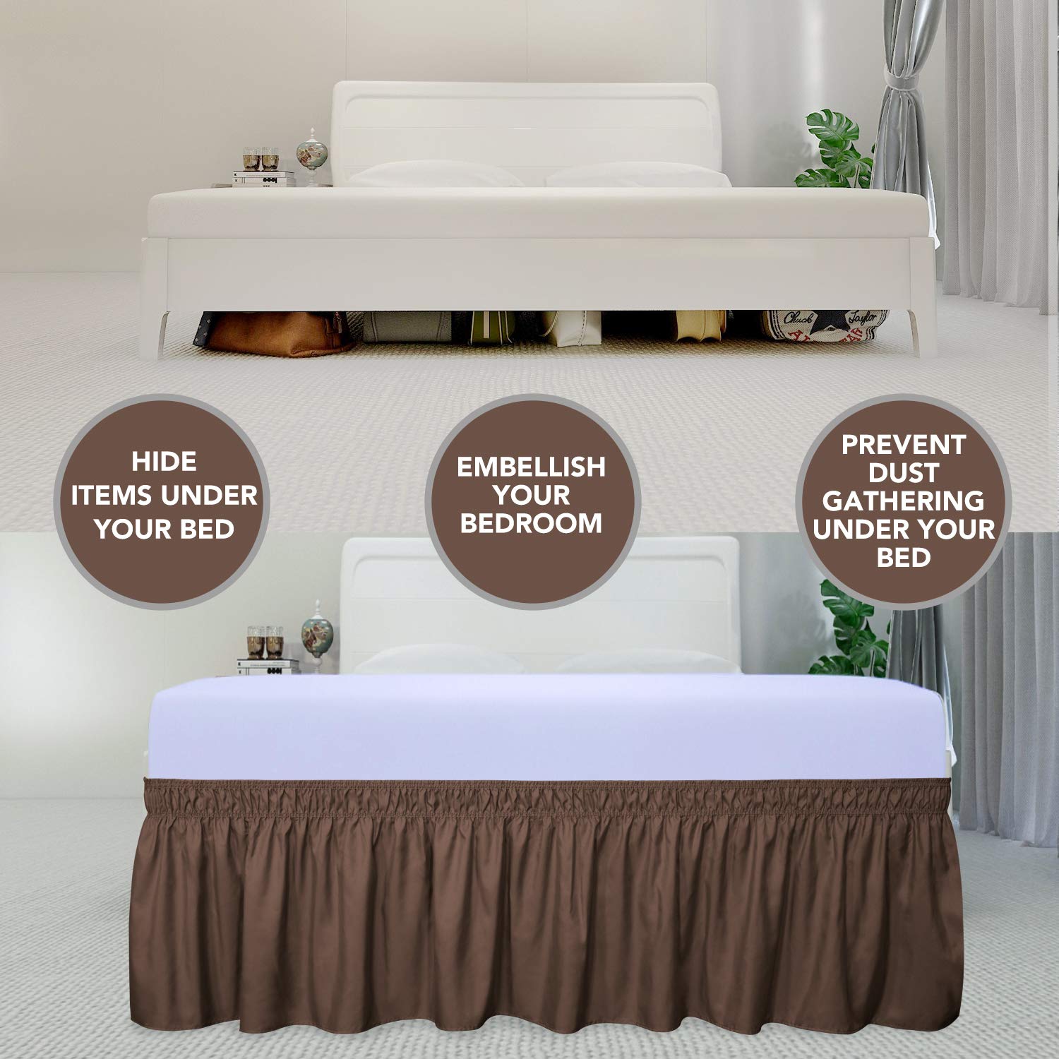 Purefit Wrap Around Ruffled Bed Skirt With Adjustable Elastic Belt - 18 Inch Drop Easy To Put On, Wrinkle Free Bedskirt Dust Ruffles, Bed Frame Cover For Twin,Twin Xl And Full Size Beds, Brown
