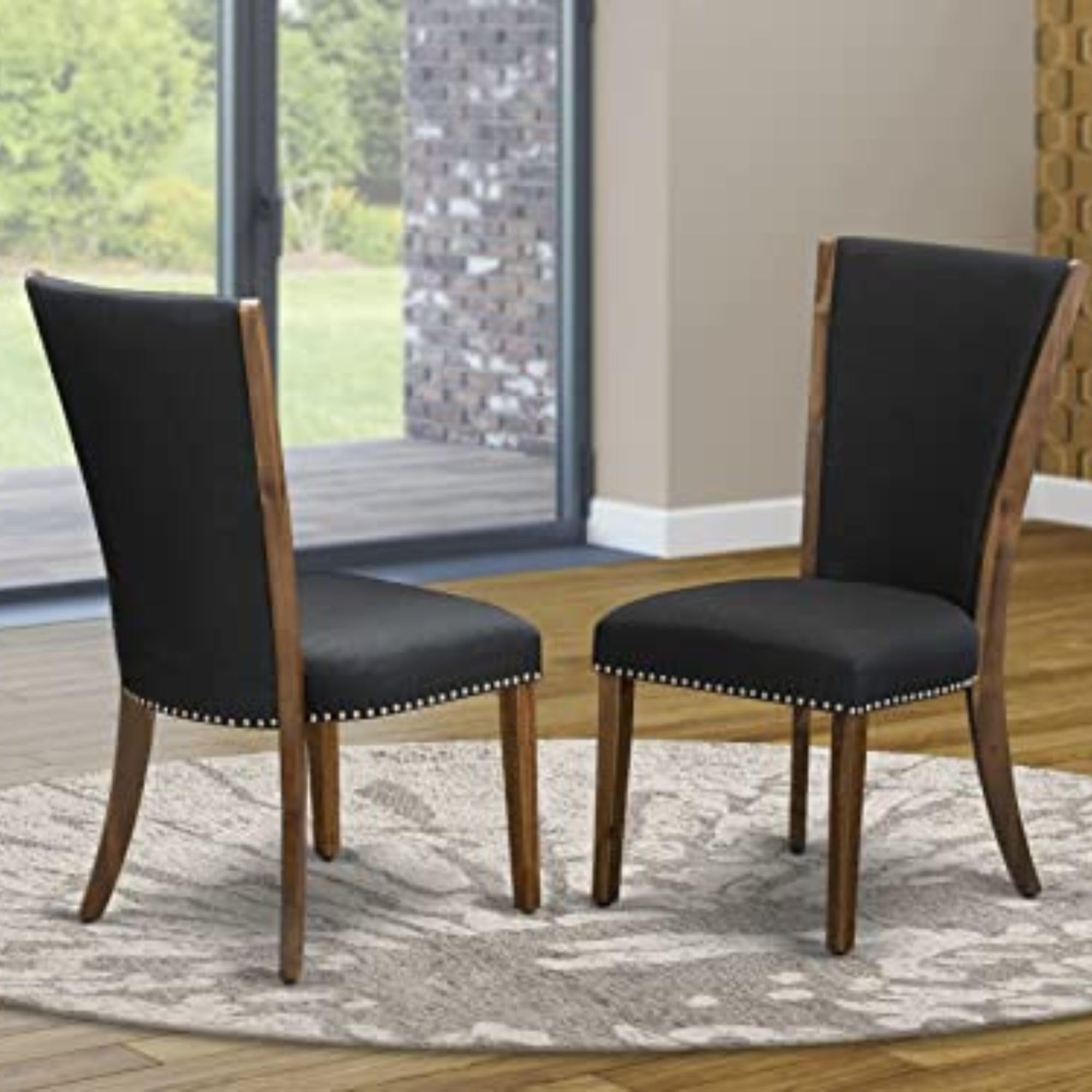 East West Furniture Vep8T24 Verona Parson Dining Chairs - Nailhead Trim Black Color Linen Fabric Upholstered Chairs, Set Of 2, Walnut