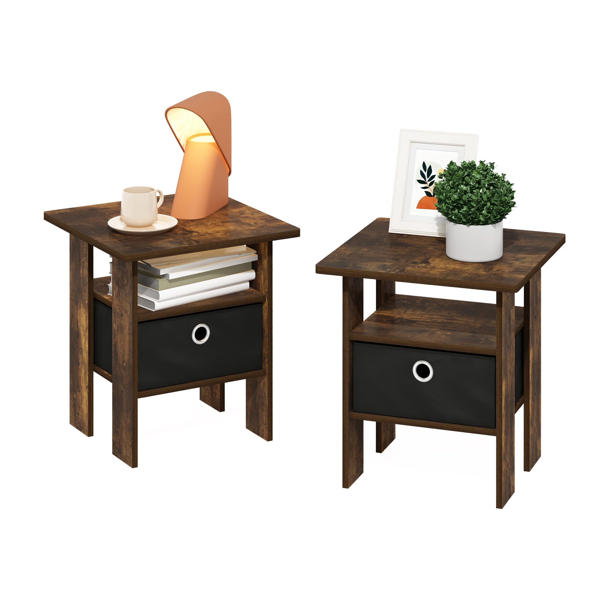 Furinno Andrey End Table Nightstand with Bin Drawer, Amber Pine/Black, Set of 2