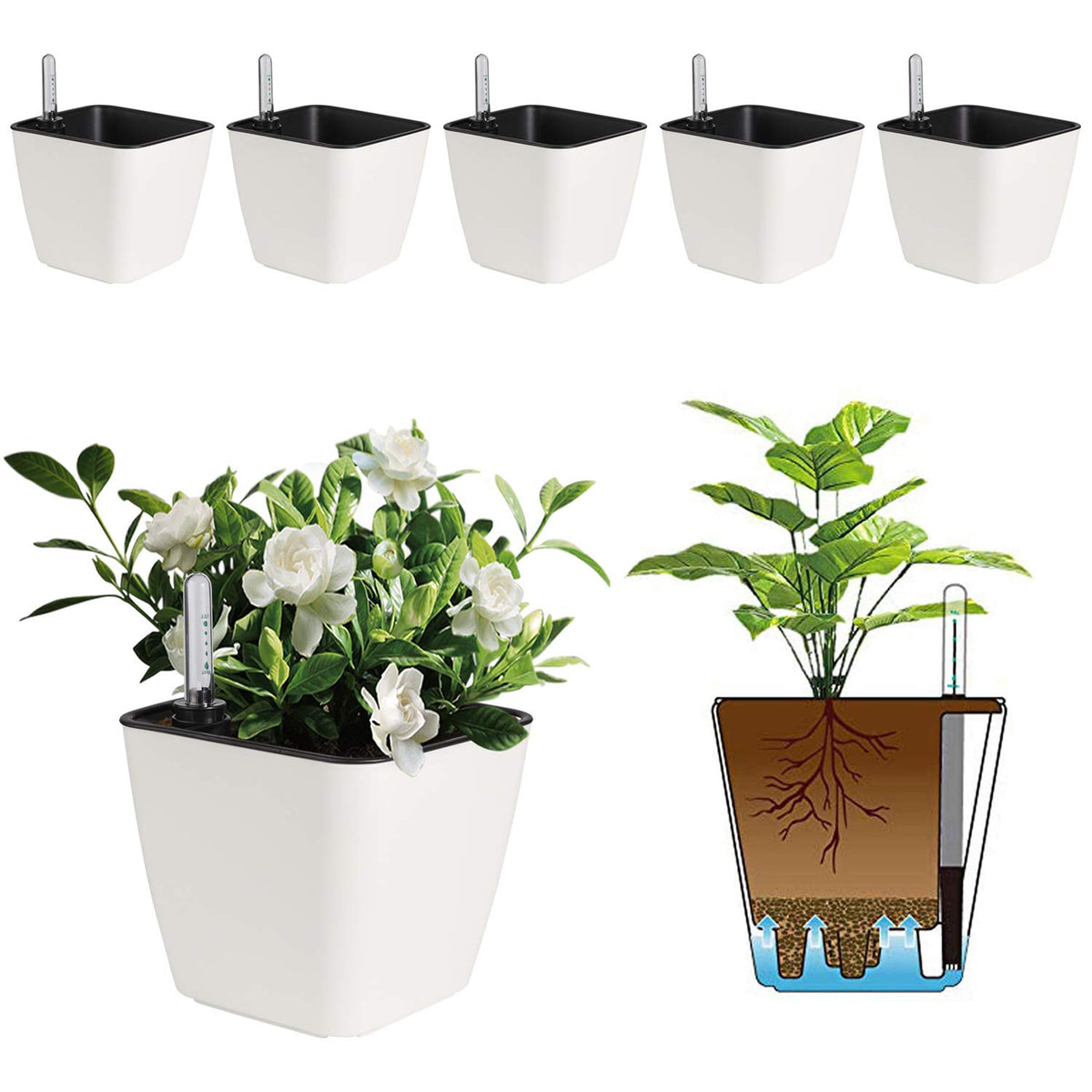 T4U 5.5 Inch Self Watering Plastic Planter With Water Level Indicator Pack Of 6 - Matte White, Modern Decorative Planter Flower
