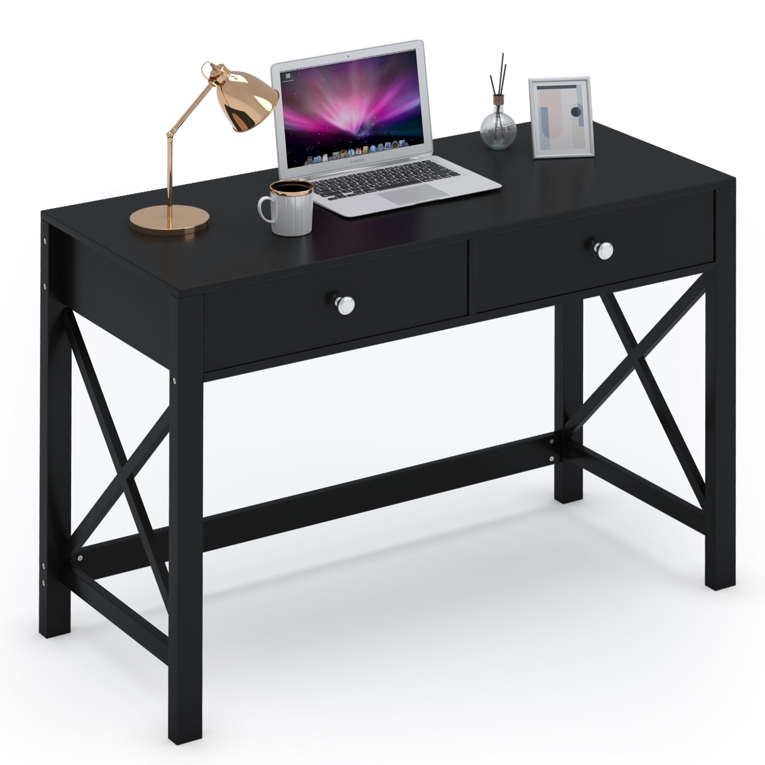 WiberWi Home Office Desk with Drawers, Black Modern Writing Computer Desk, Small Makeup Vanity Table for Bedroom, Study Table fo