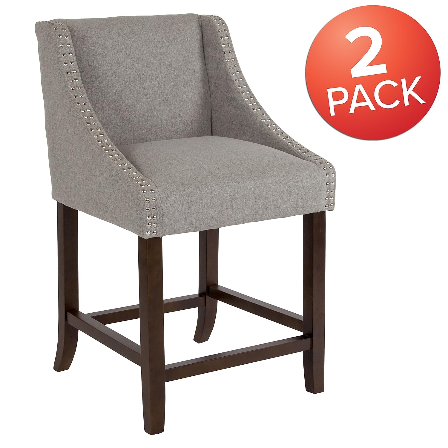 Flash Furniture Carmel Series 24&quot; High Transitional Walnut Counter Height Stool With Nail Trim In Light Gray Fabric, Set Of 2