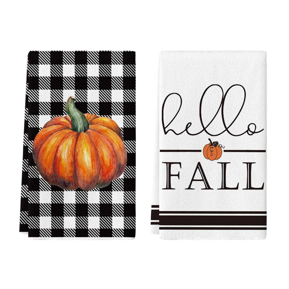Artoid Mode Buffalo Plaid Pumpkin Hello Fall Kitchen Towels Dish Towels, 18x26 Inch Seasonal Decoration Hand Towels Set of 2