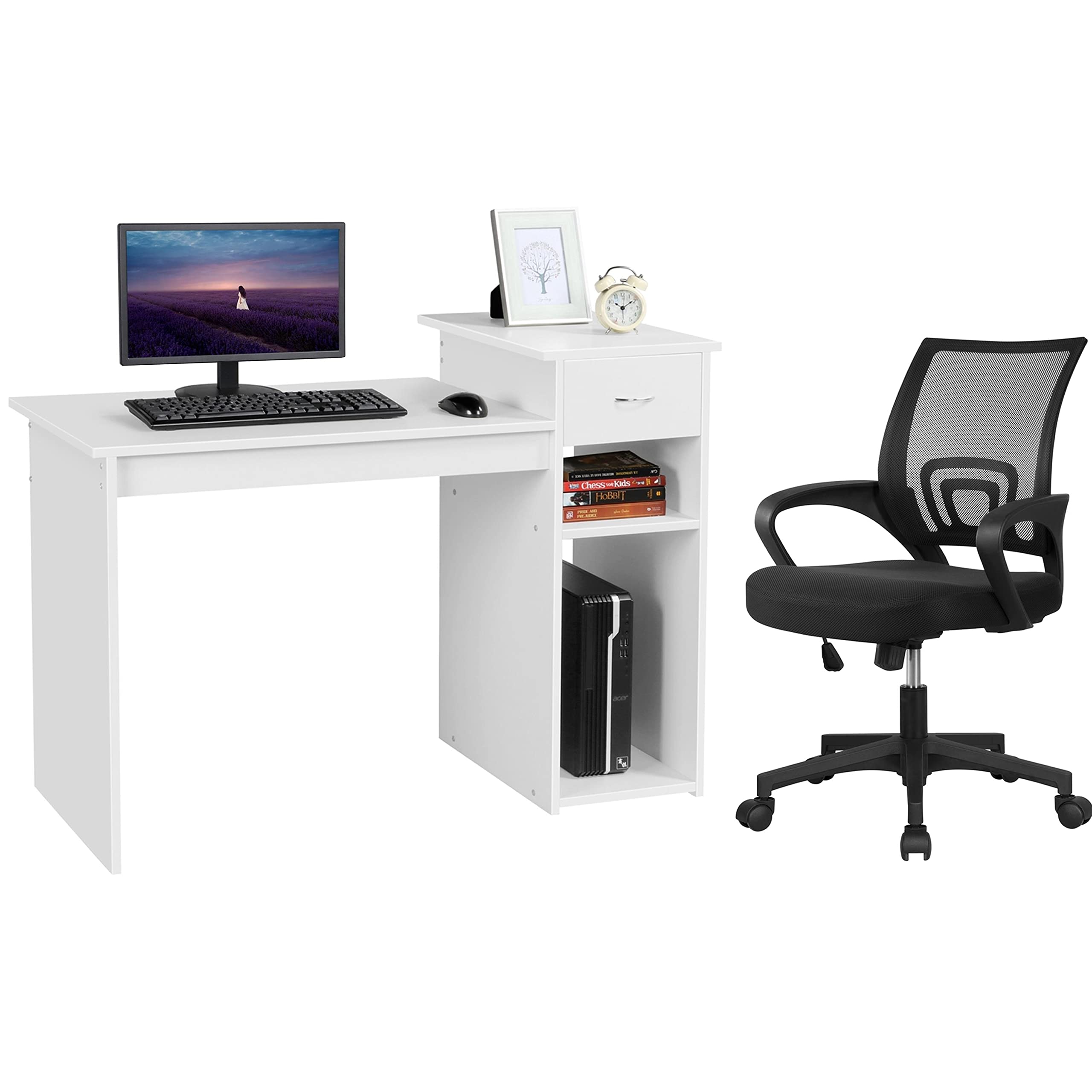 Yaheetech Home Office Computer Desk & Chair Set, 44 Inch Computer Desk with Drawer & Mesh Ergonomic Height Adjustable Office Cha