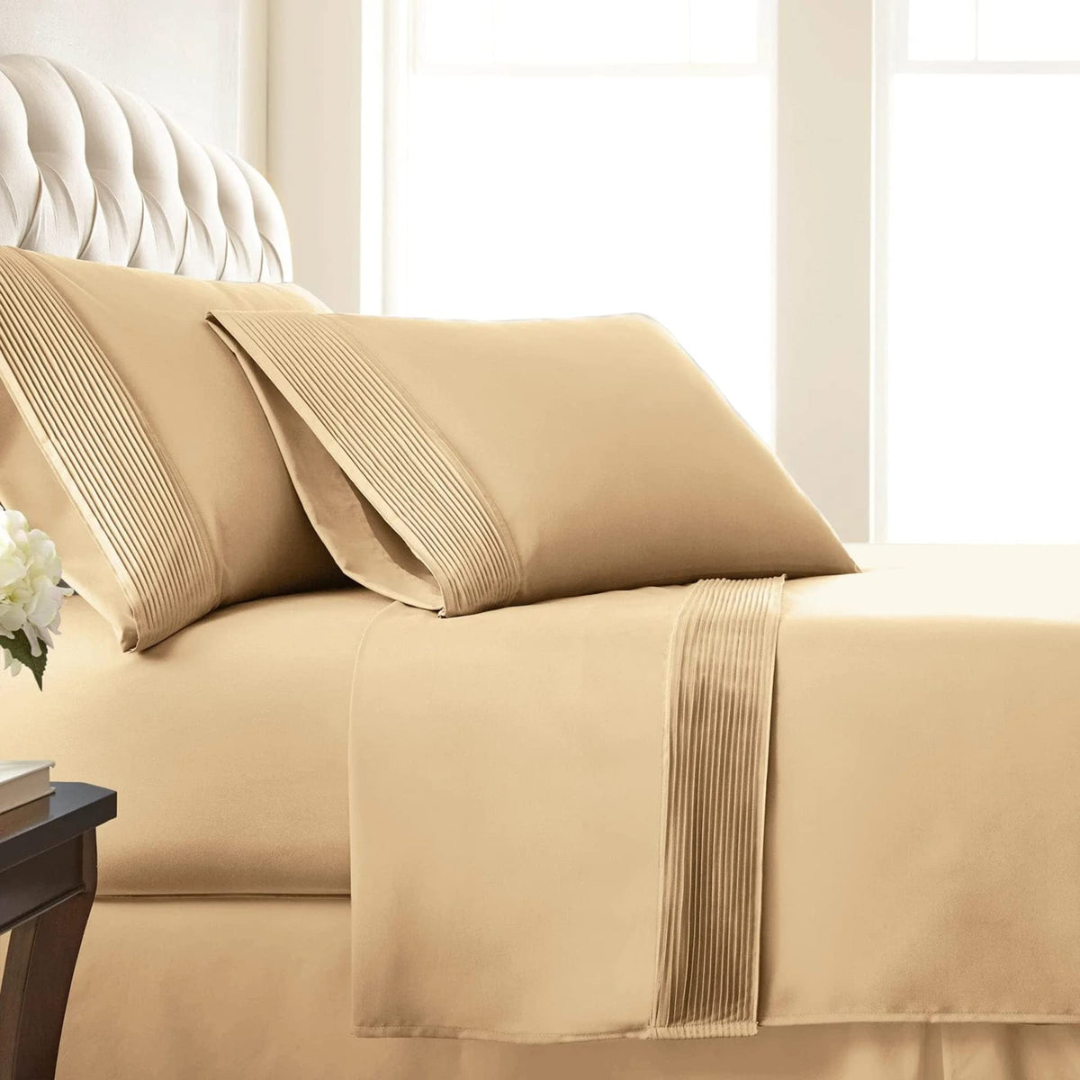 Southshore Fine Living Vilano Pleats, 4-Piece, 21-Inch Extra Deep Pocket Sheet Set, Queen Sheets Set With Flat Sheets And Pillow