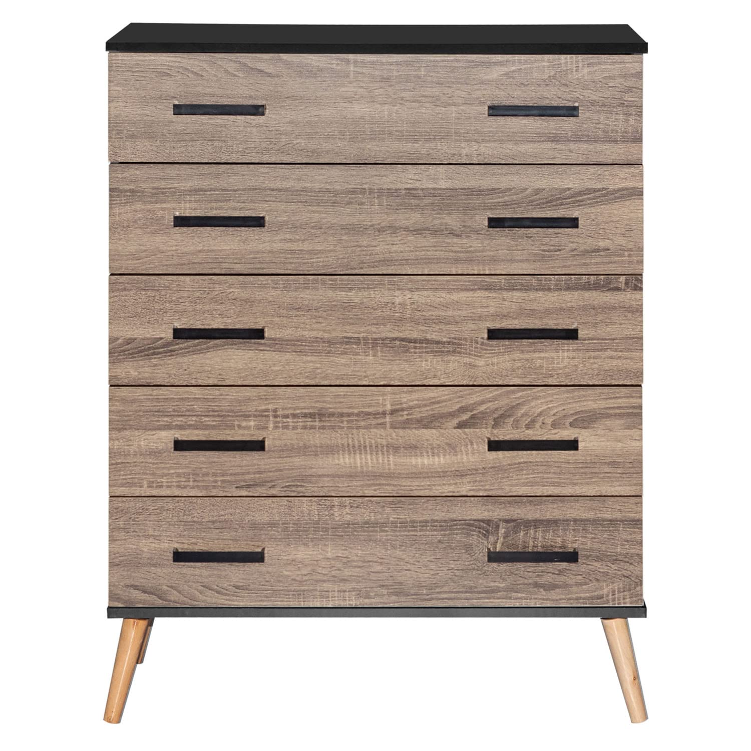 Better Home Products Eli Mid-Century Modern 5 Drawer Chest in Black & Sonoma Oak