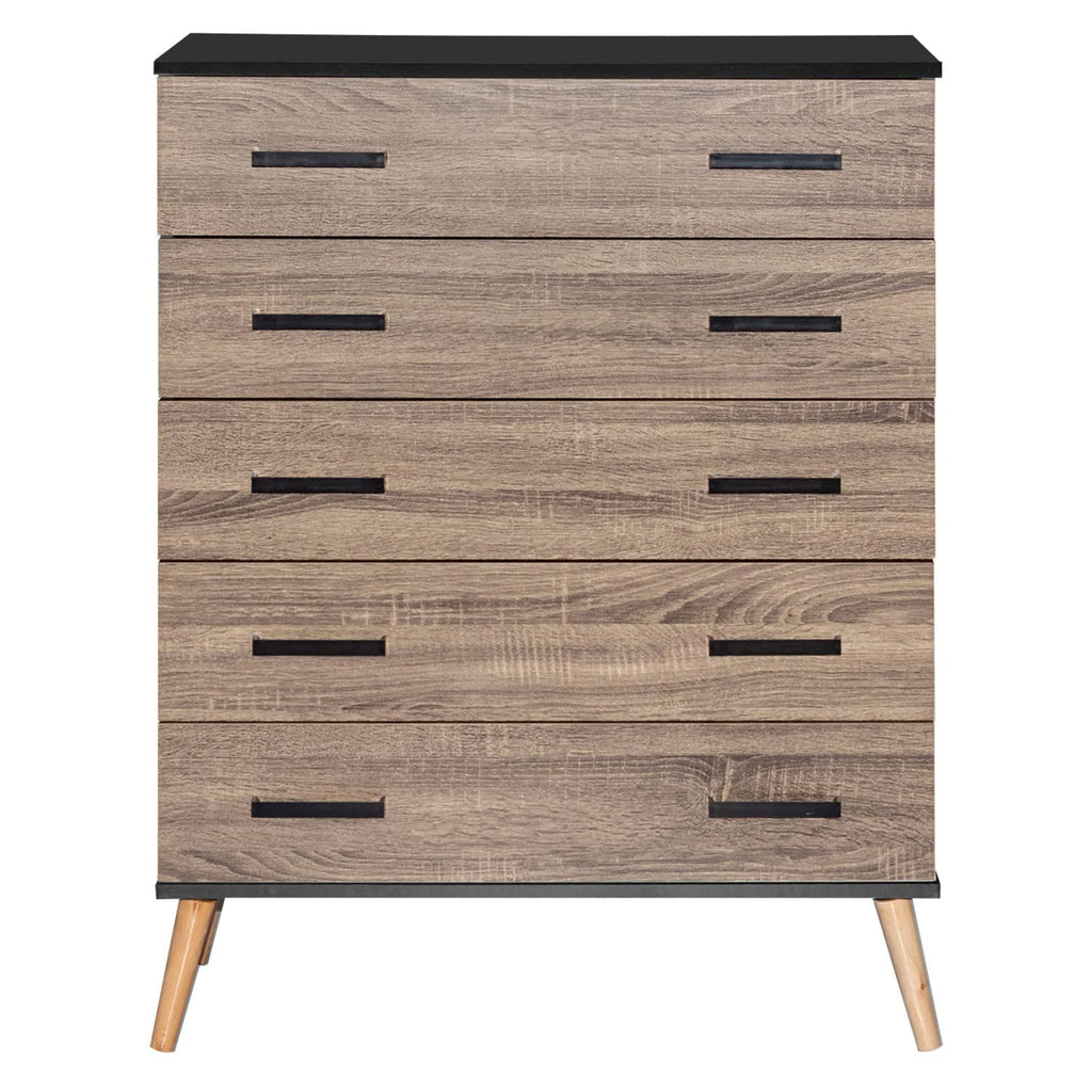 Better Home Products Eli Mid-Century Modern 5 Drawer Chest in Black & Sonoma Oak