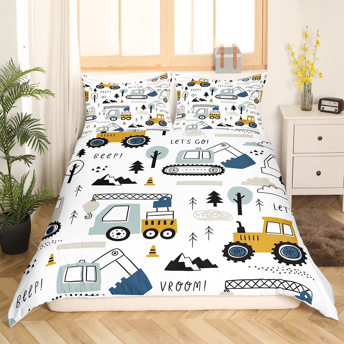 Feelyou Cartoon Car Kids Bedding Set Construction Bedding Duvet Cover Set Boys Decor Equipment Trucks Comforter Cover Set Excava
