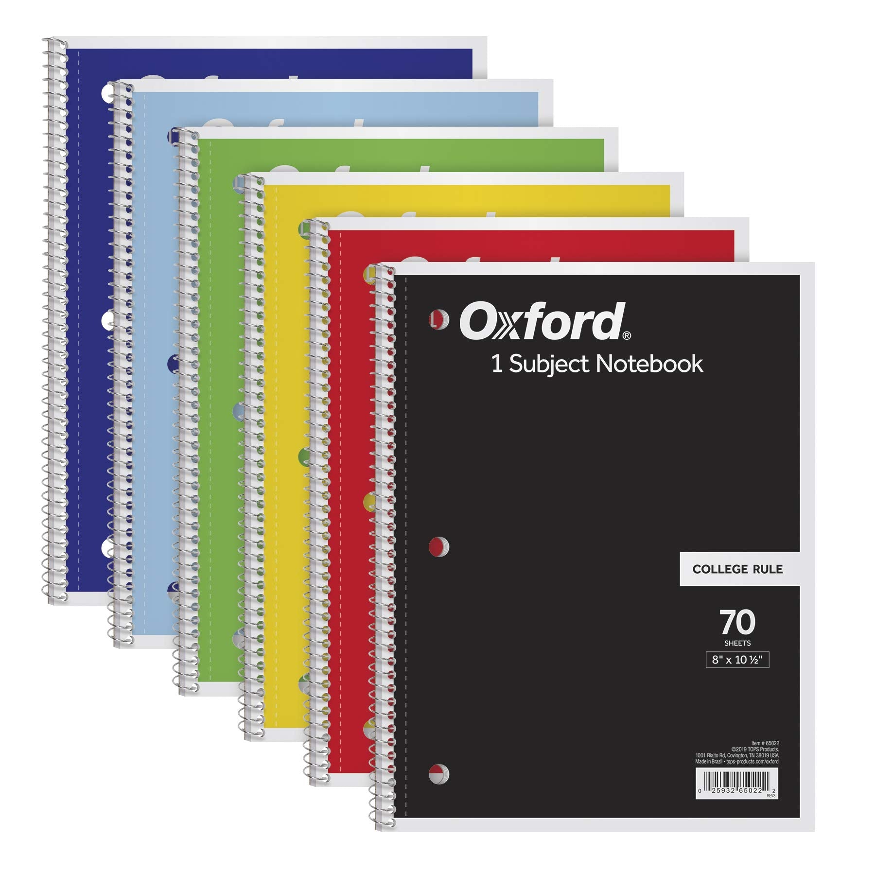 Oxford Spiral Notebook 6 Pack, 1 Subject, College Ruled Paper, 8 X 10-1/2 Inch, Color Assortment Design May Vary (65007)